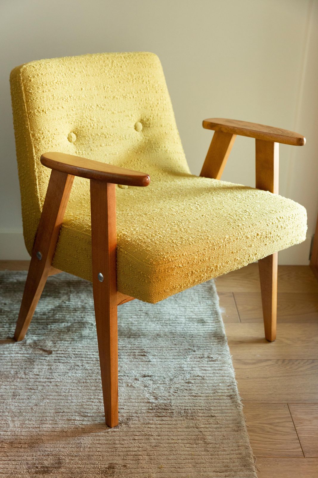 Pair Of Midcentury 366 Club Armchairs In Yellow Boucle, Europe, 1960s photo furniture