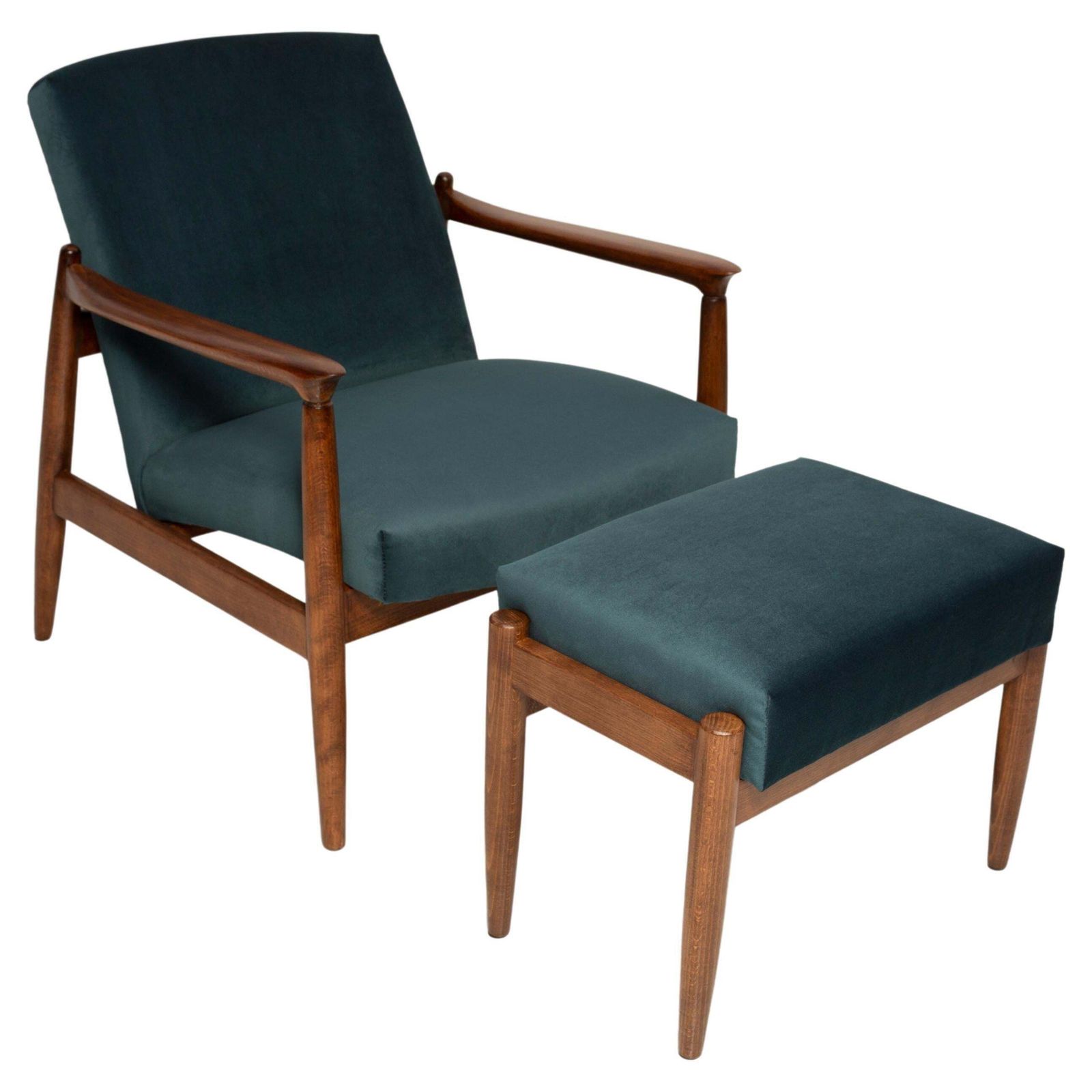 Set Van Vintage Fauteuil En Bijbehorende Hocker In Petrolblauw, Edmund Homa, Ca. Jaren 1960