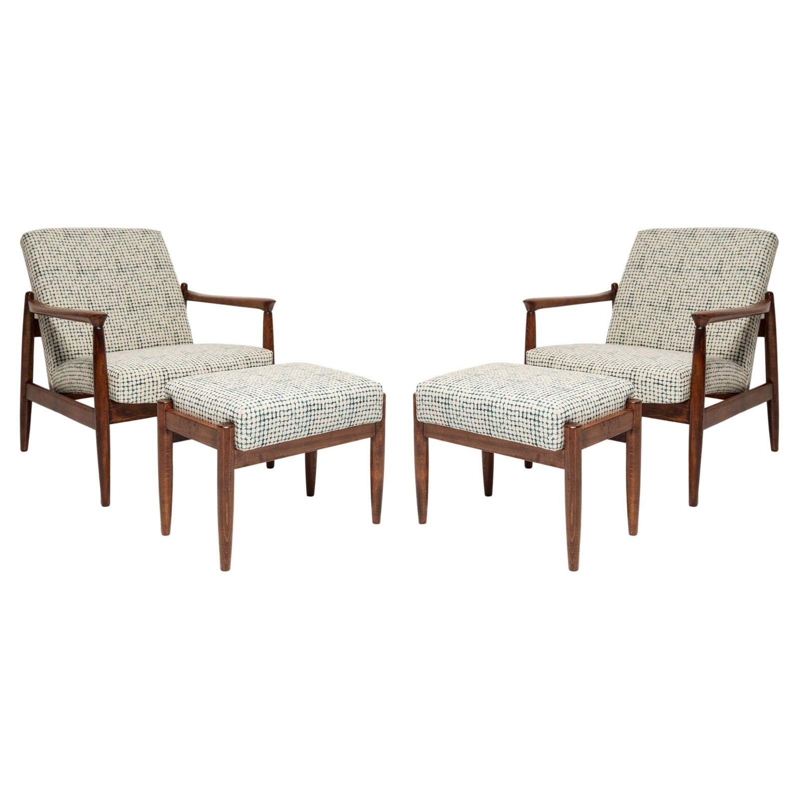 Set Mid Century Fauteuils En Krukken In Wit En Aqua, Edmund Homa, Europa, Jaren 1960
