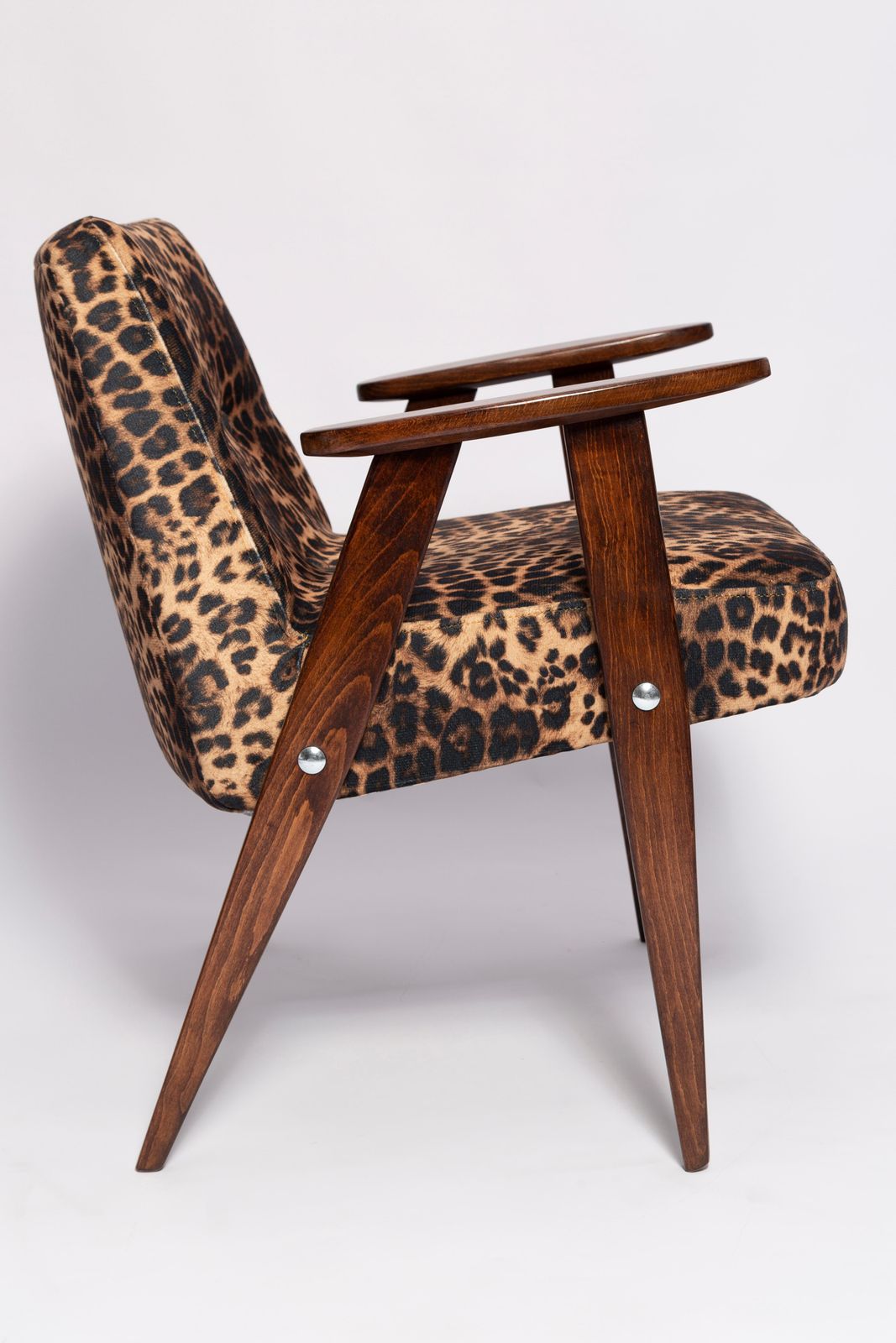 Two Midcentury 366 Armchairs In Leopard Print Velvet, Jozef Chierowski, 1960s photo vintage
