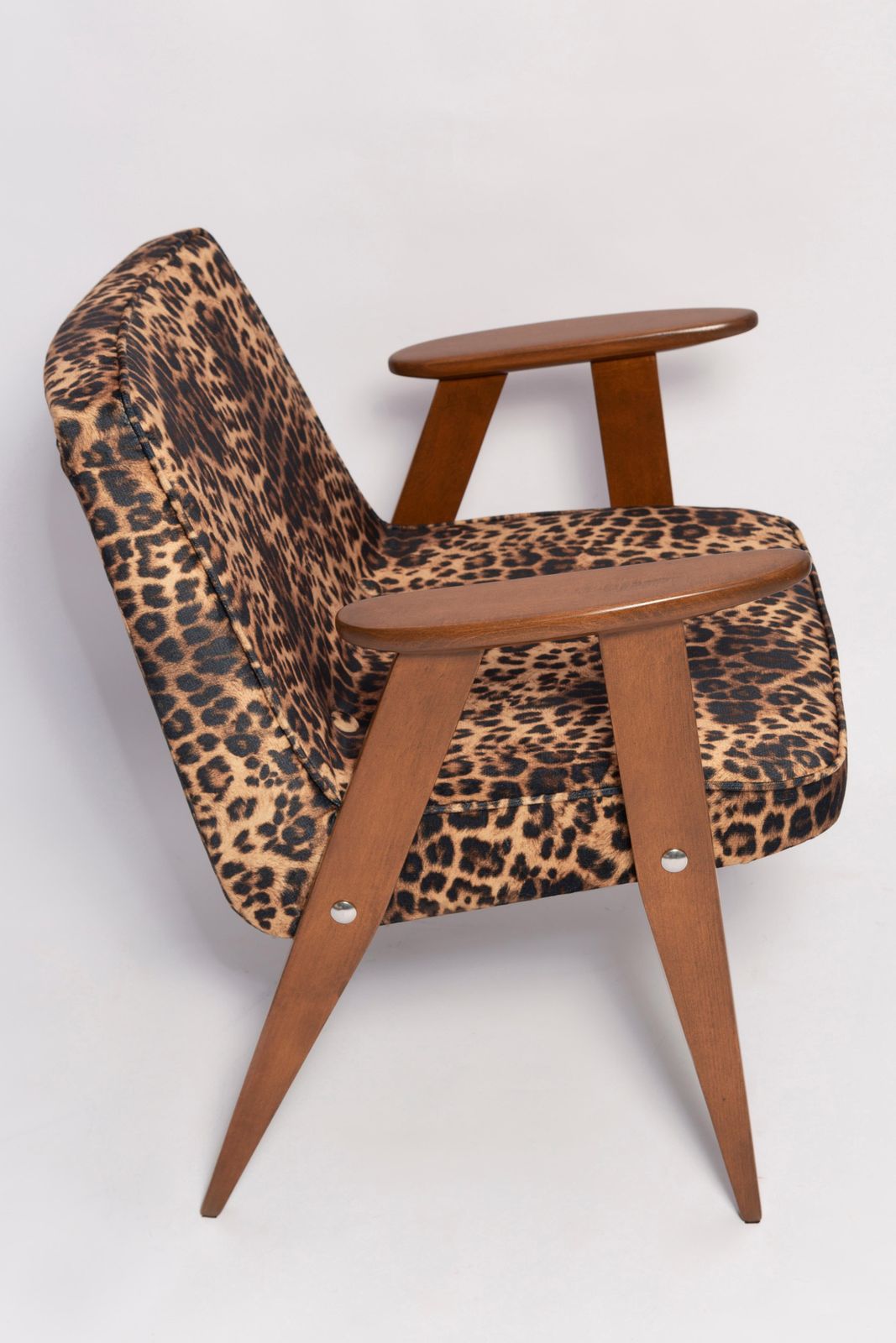 photo for sale Two Mid Century 366 Armchairs In Leopard Print Velvet, Jozef Chierowski, 1960s