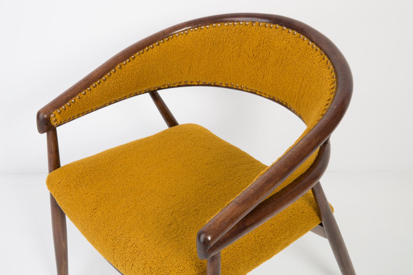 photo vintage Set Of Two James Mont Bent Beech Armchairs, Yellow Ochra Boucle, 1960s