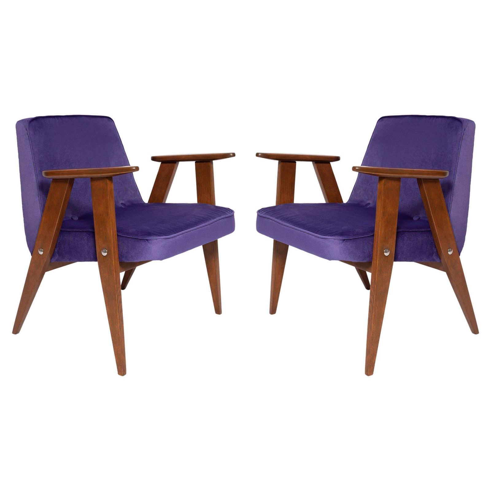 Pair Of Mid Century 366 Armchairs, Purple Velvet, Jozef Chierowski, Europe 1960