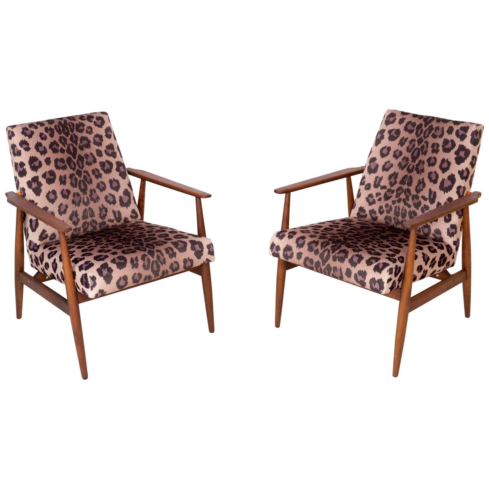 Pair Of Midcentury Leopard Print Velvet Dante Armchairs, H. Lis, 1960s