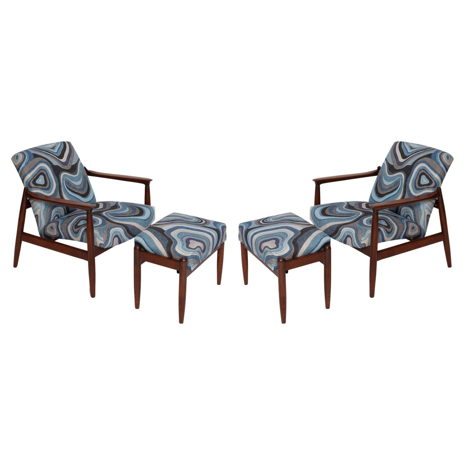 Set Blauwen Linnen Mid Century Fauteuils En Krukken, Model Gfm64, E Homa, Europa, Jaren 1960