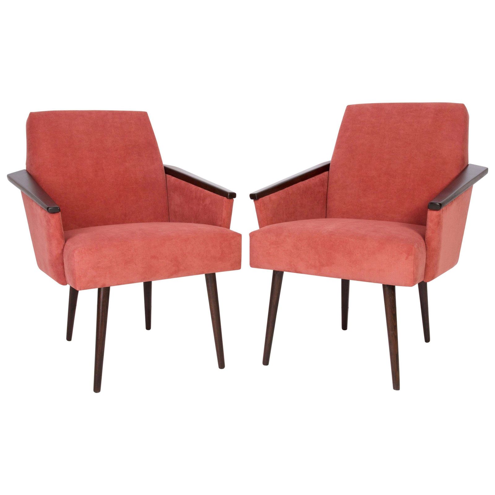 Pair Of Midcentury Rosewood Pink Corduroy Club Armchairs, 1960s