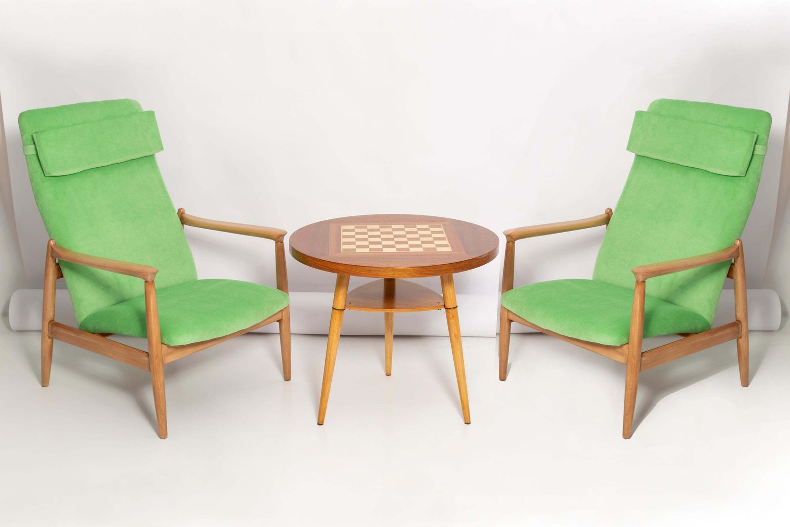 Set Of Green Armchairs By E. Homa And Chess Table, Europe, 1960s photo furniture