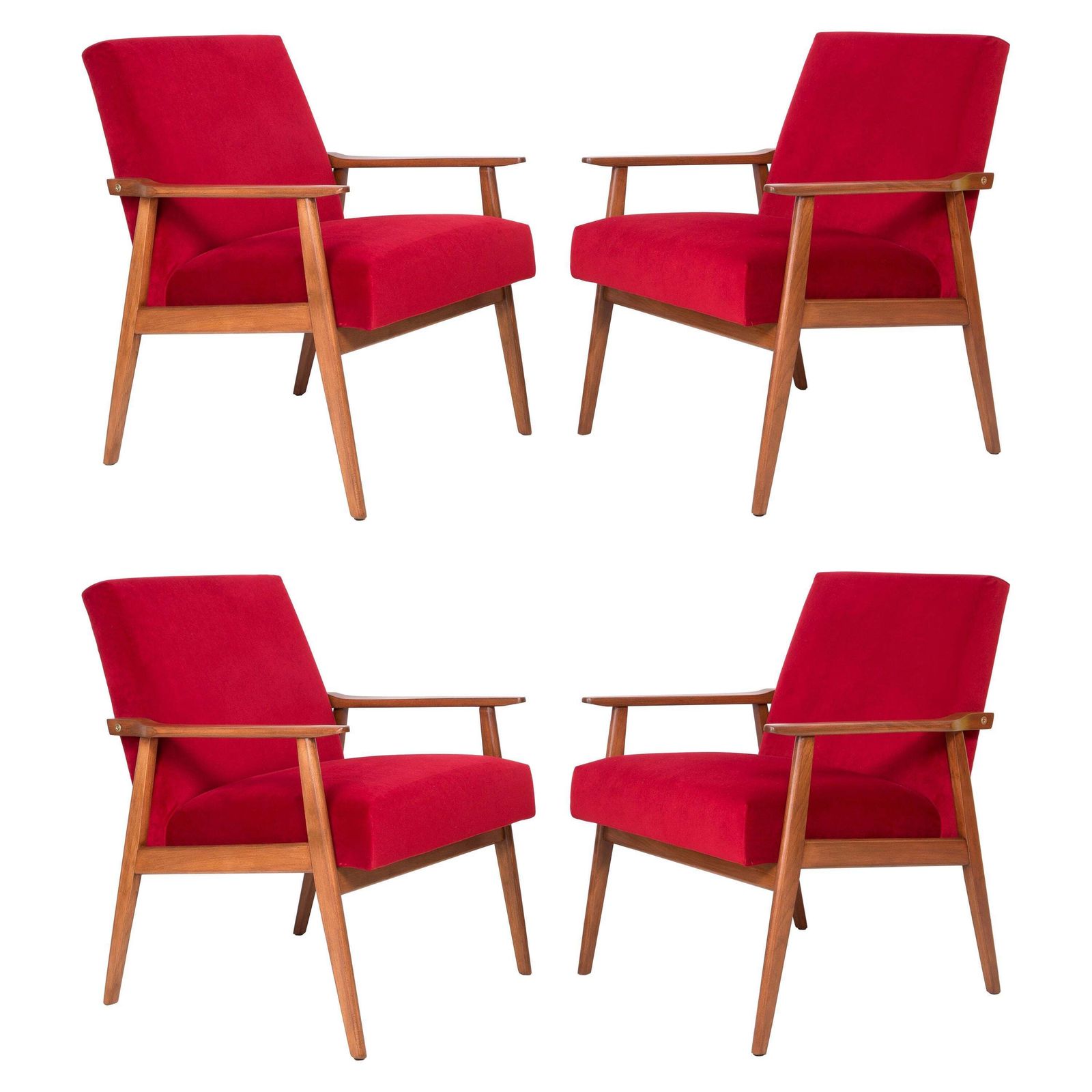 Set Of Four Midcentury Red Velvet Dante Armchairs, Europe, 1960s
