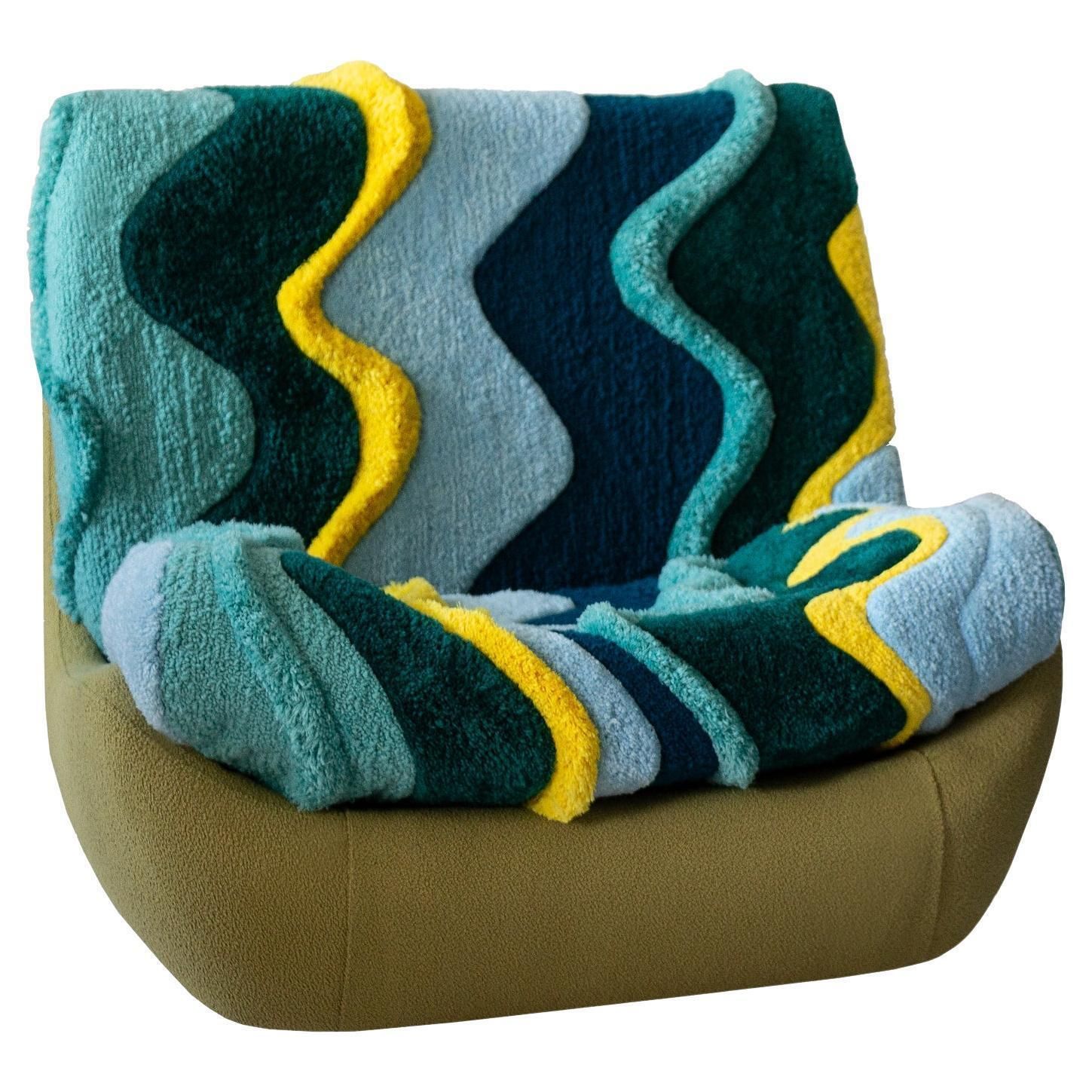 Mid Century Vintage Hand Tufting Green Yellow Atlantis Big Armchair, 1960s