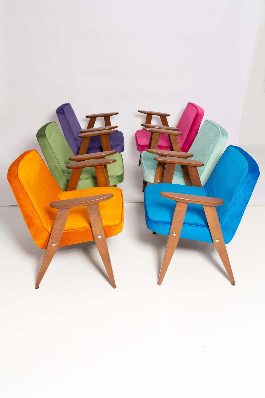 Set Van Zes Mid Century 366 Fauteuils, Fluweel, Jozef Chierowski, Europa 1960 photo vintage