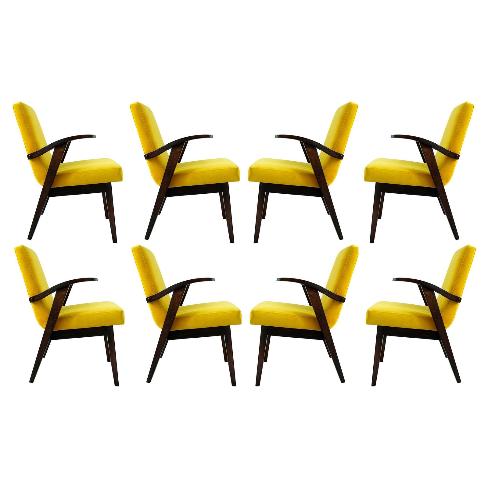 Set Van Acht Vintage Stoelen In Geel Fluweel Van Mieczyslaw Puchala, Jaren 1960