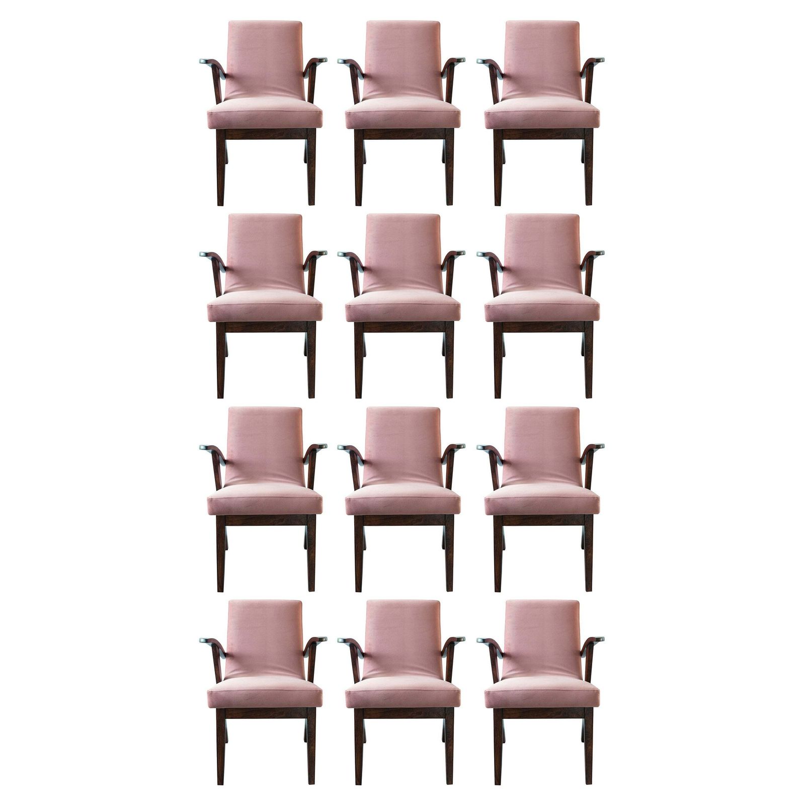 Twaalf 20e Eeuwse Fauteuils In Stoffig Roze Fluweel Van Mieczyslaw Puchala, Ca. Jaren 1960