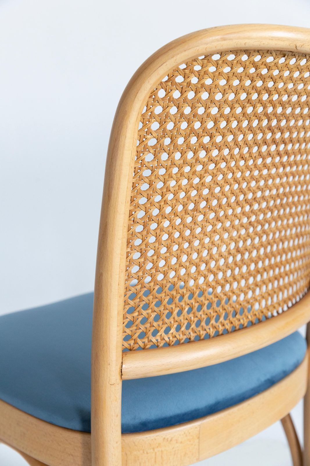 photo for sale Blue Velvet Thonet Wood Rattan Chair, 1960s