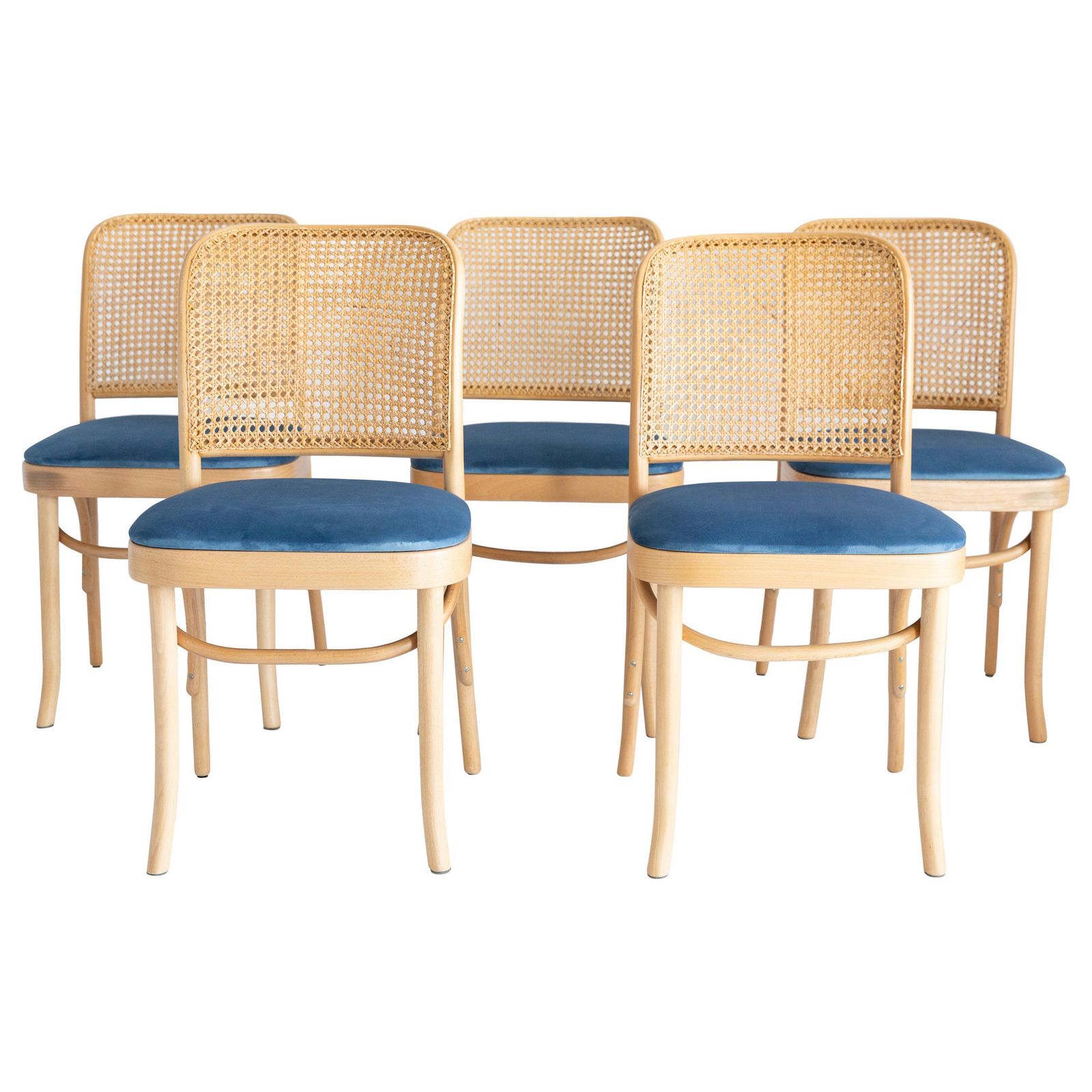Set Of Five Blue Velvet Thonet Wood Rattan Chairs, 1960s