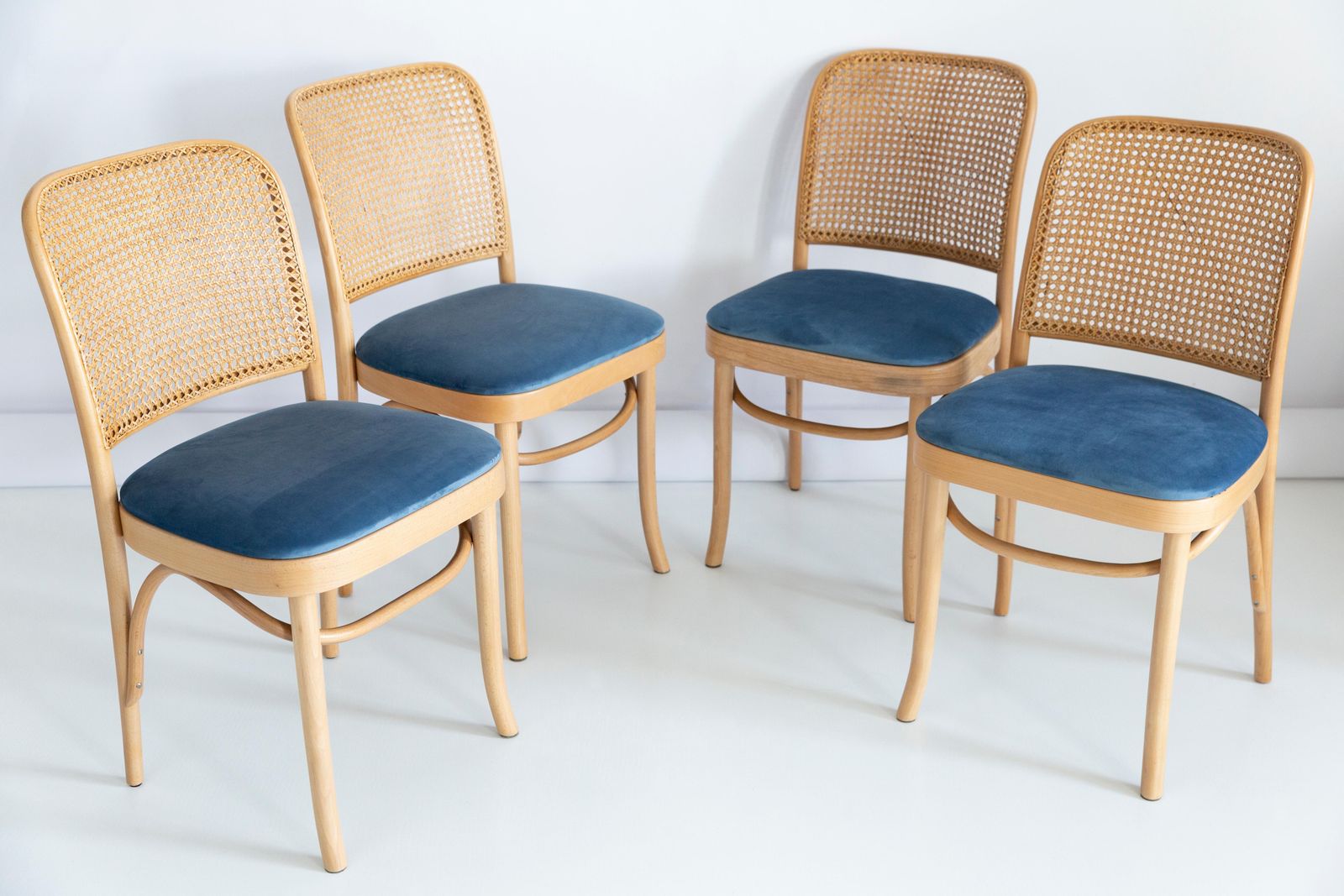 Set Of Five Blue Velvet Thonet Wood Rattan Chairs, 1960s photo vinterior