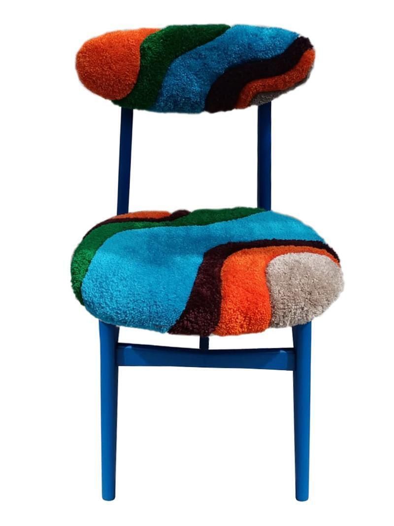 Set Of Four Mid Century Tufting Chairs, Blue Wood, Rajmund Halas, Poland, 1960s photo for sale