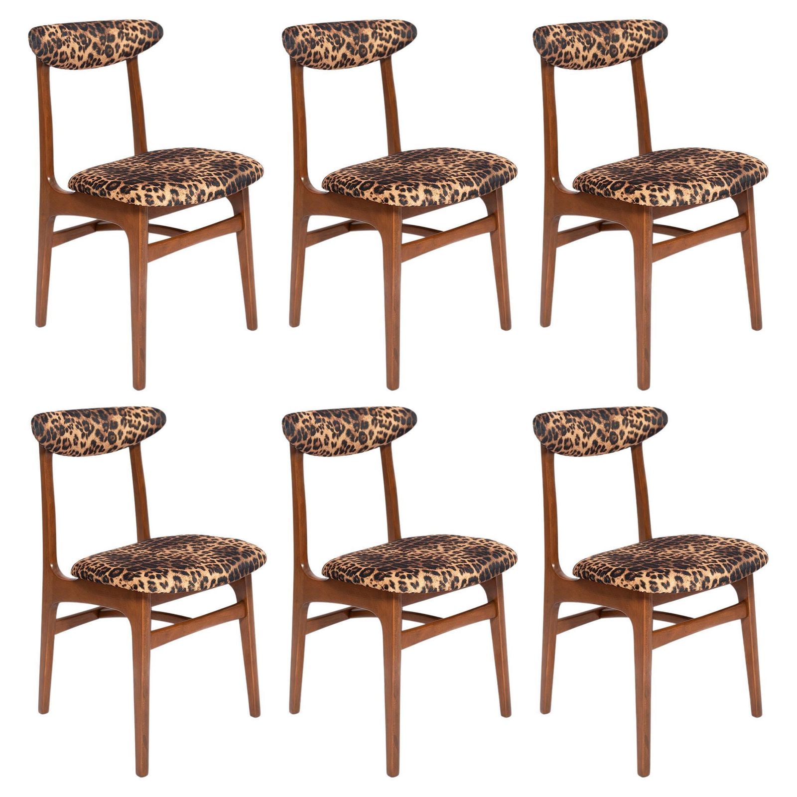Six Mid Century Leopard Velvet Chairs, Walnut Wood, Rajmund Halas, Poland, 1960s