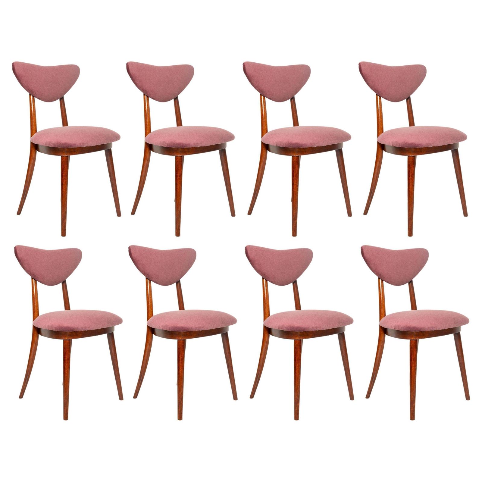 Set Of Eight Midcentury Plum Violet Velvet Heart Chairs, Europe, 1960s