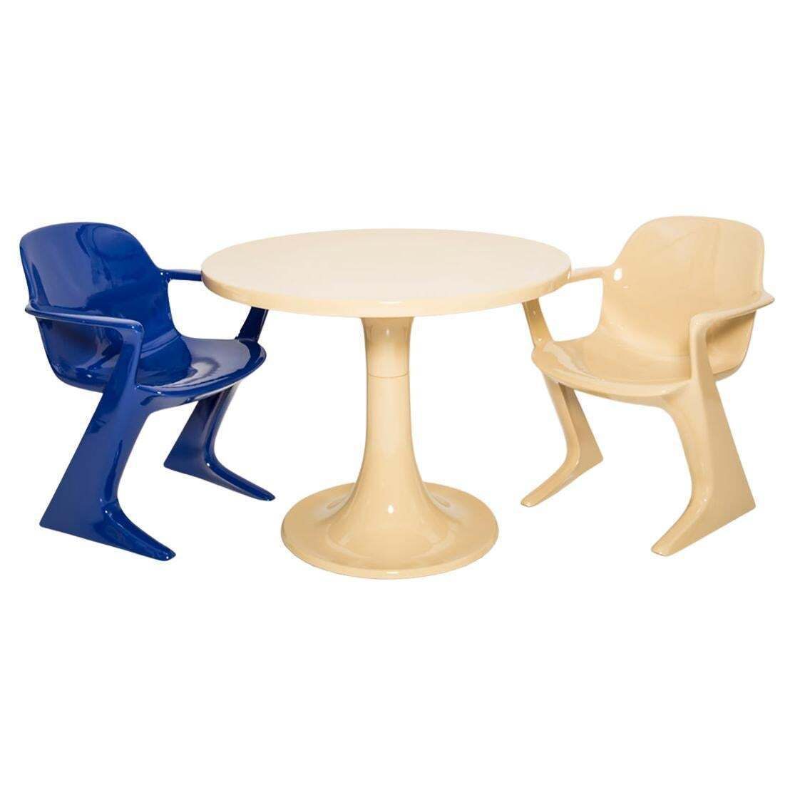 Midcentury Beige And Blue Kangaroo Chairs And Table Ernst Moeckl, Germany, 1968