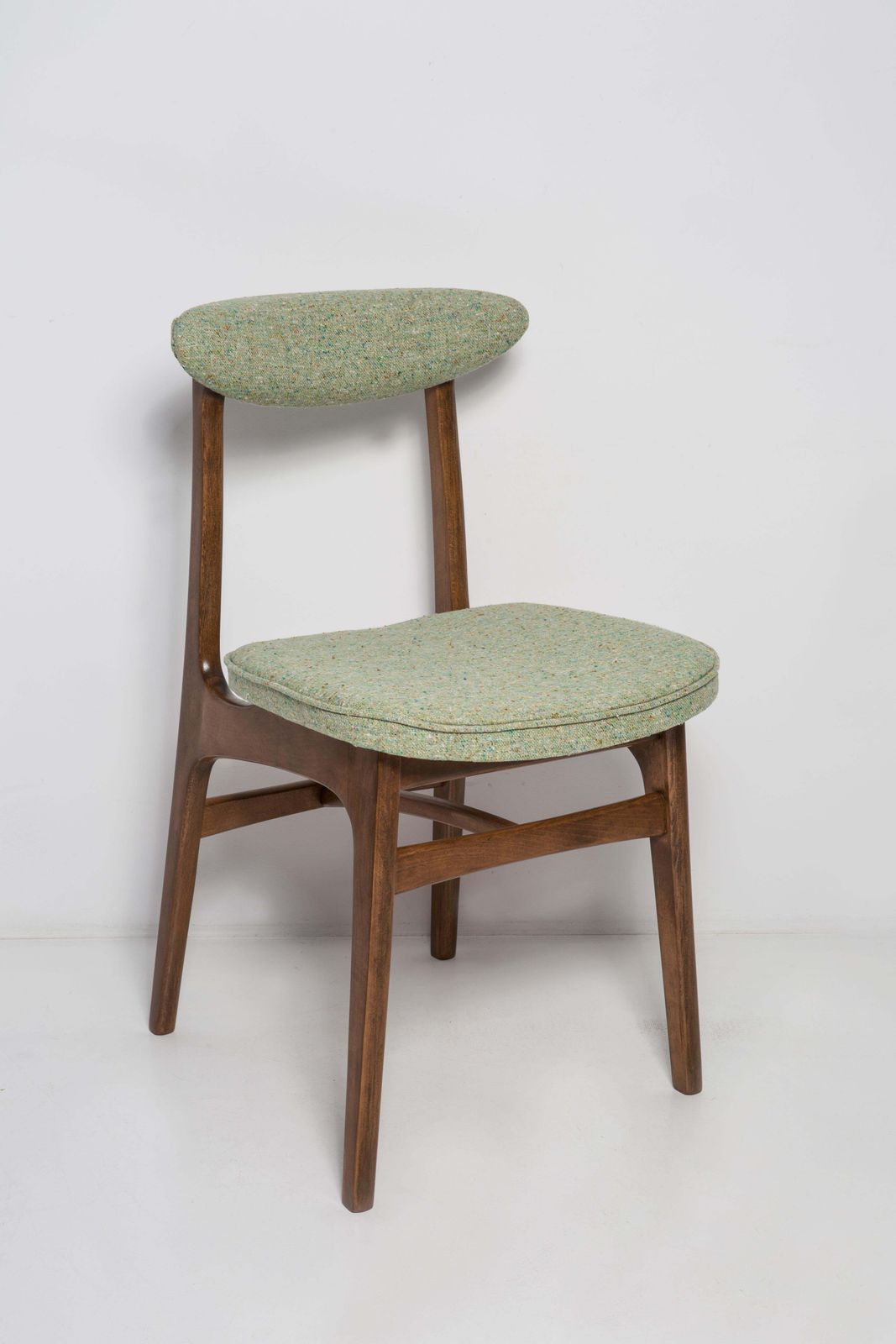 Twelve Mid Century Green Wool Chairs, Walnut Wood, Rajmund Halas, Poland, 1960s photo for sale