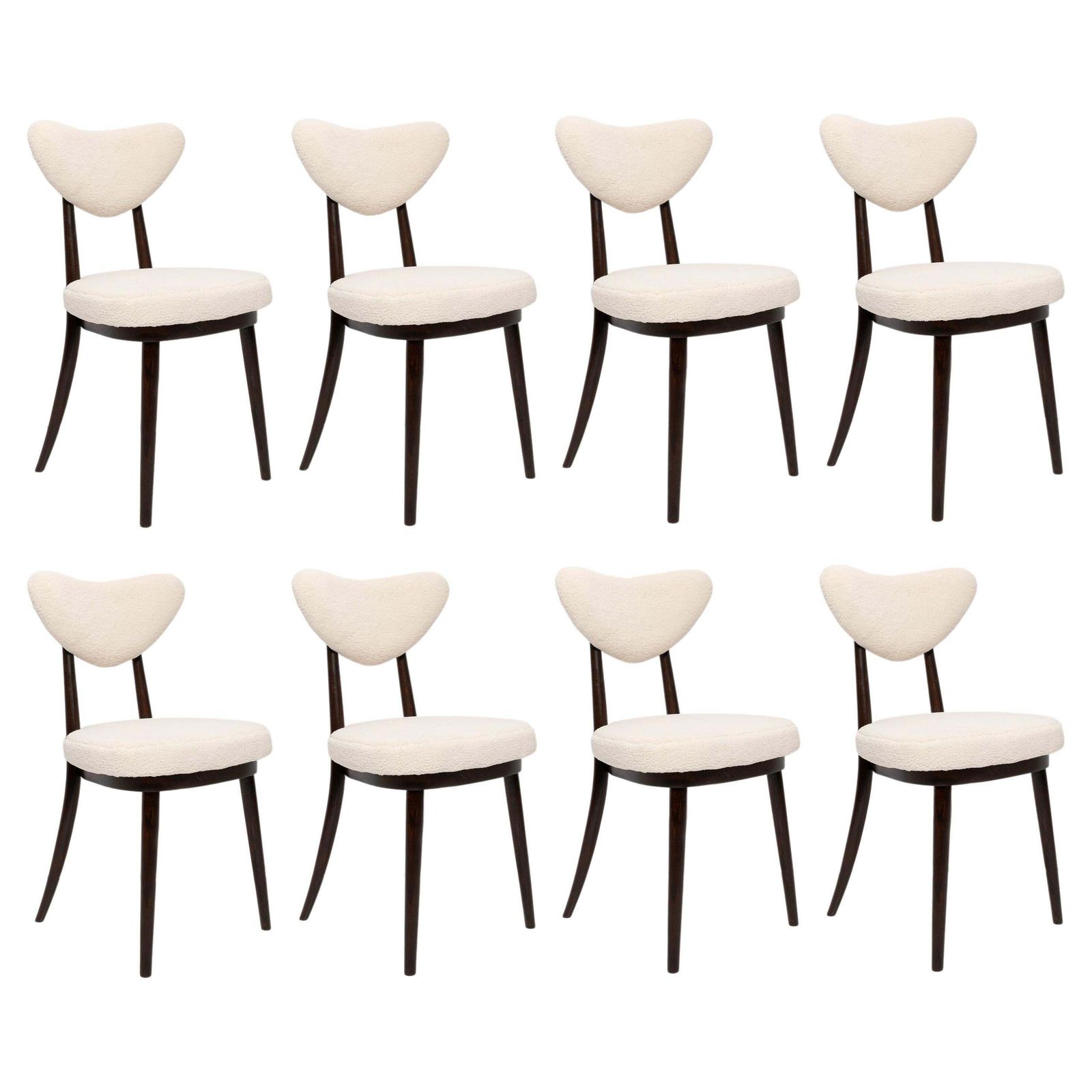 Set Of Eight Light Boucle Heart Chairs, Poland, 1960s