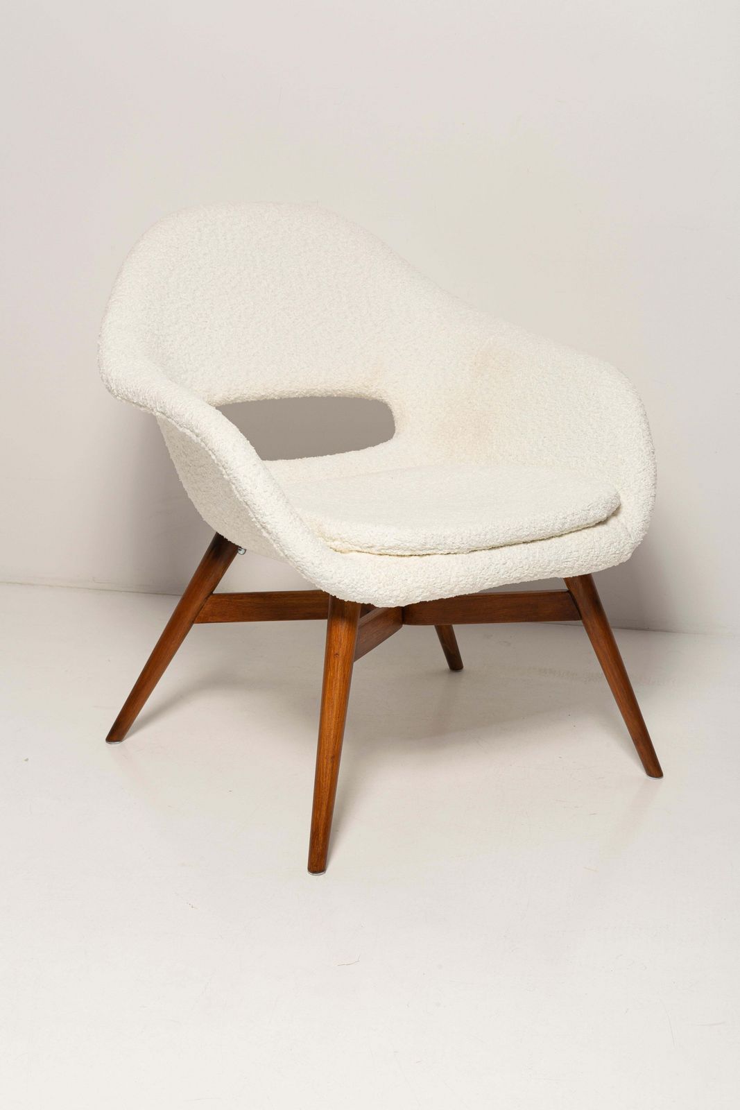 Mid Century White Boucle Shell Chair, Miroslav Navratil, Czechoslovakia, 1960s photo furniture