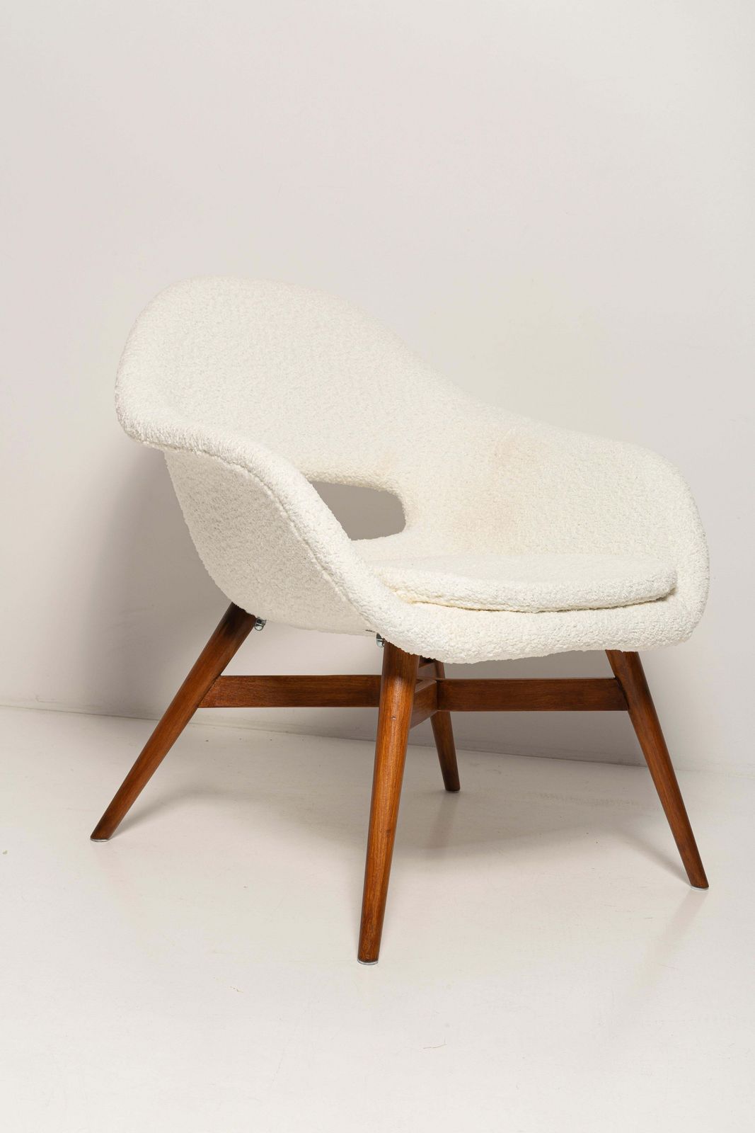 Mid Century White Boucle Shell Chair, Miroslav Navratil, Czechoslovakia, 1960s photo for sale