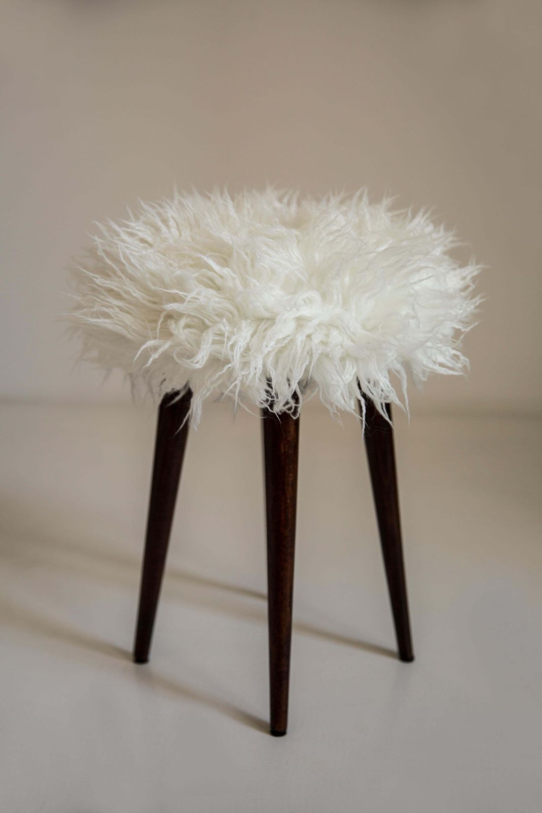 Pair Of Mid Century Alpaca White Faux Fur Stools, Europe, 1960s photo vinterior