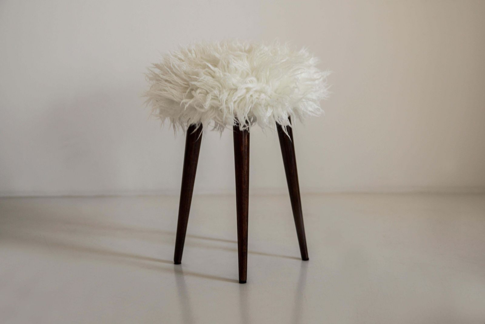 Pair Of Mid Century Alpaca White Faux Fur Stools, Europe, 1960s photo vintage
