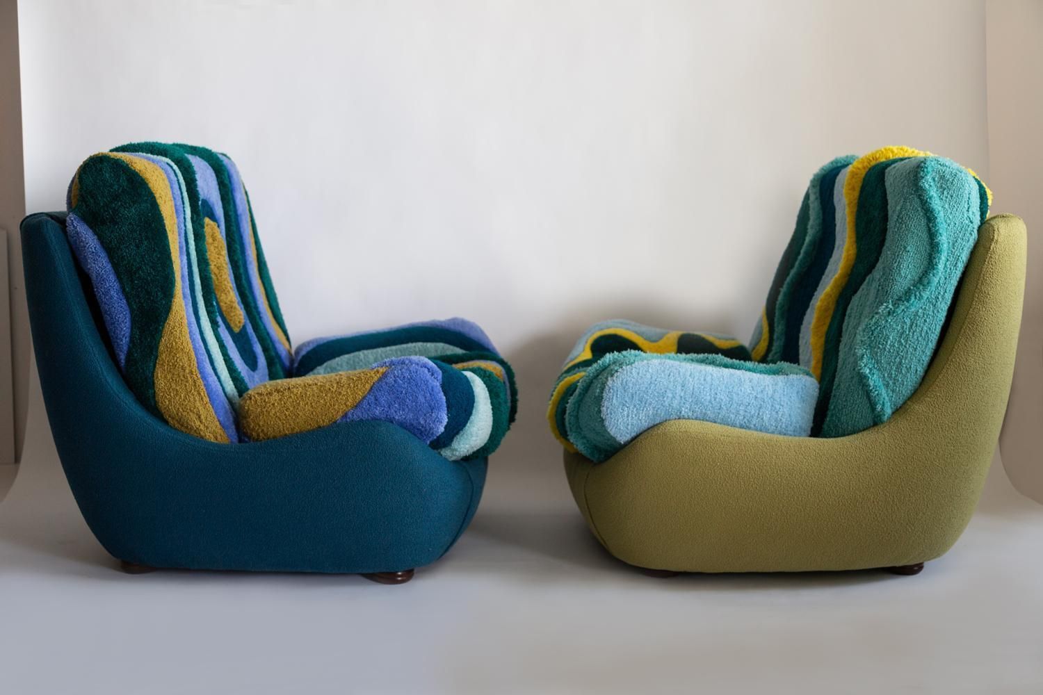 Set Of Two Mid Century Vintage Hand Tufting Blue Atlantis Big Armchairs, 1960s photo vintage