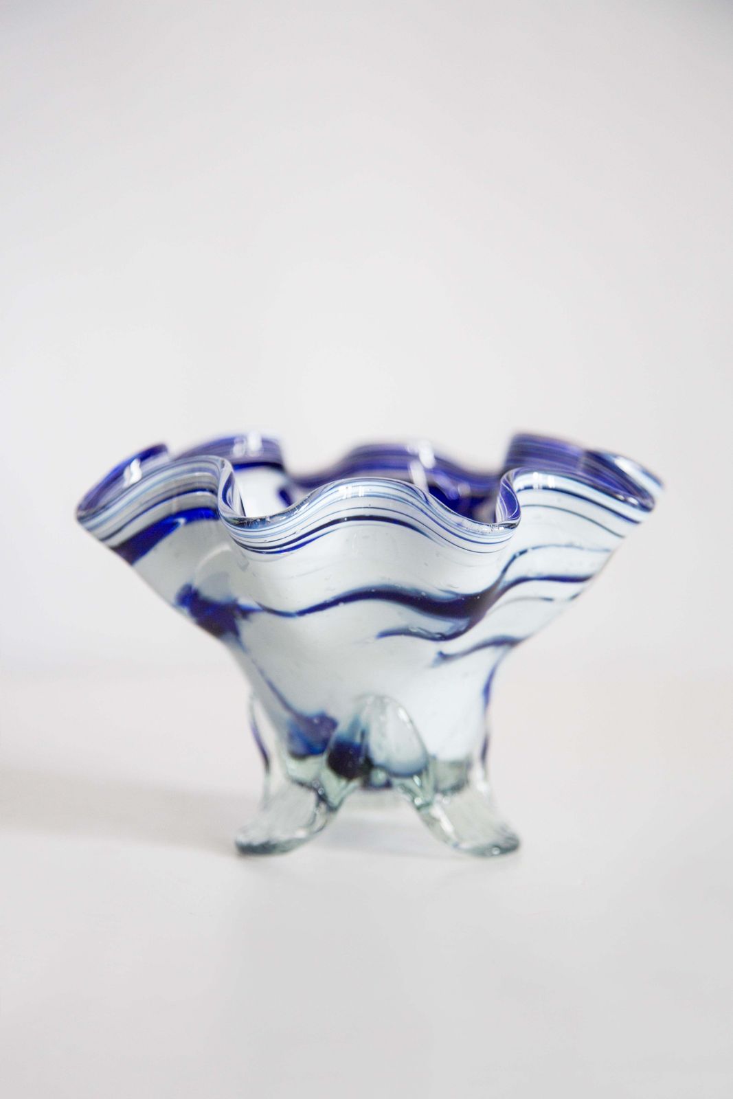 Mid Century Vintage Artistic Glass White And Blue Vase Bowl, Europe, 1970s photo Home Decor