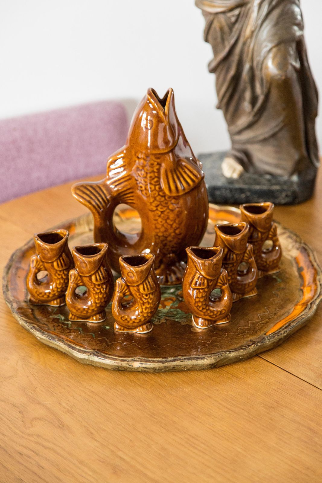 Brown Fish Glass Decanter And Glasses, 20th Century, Europe, 1960s photo Home Decor