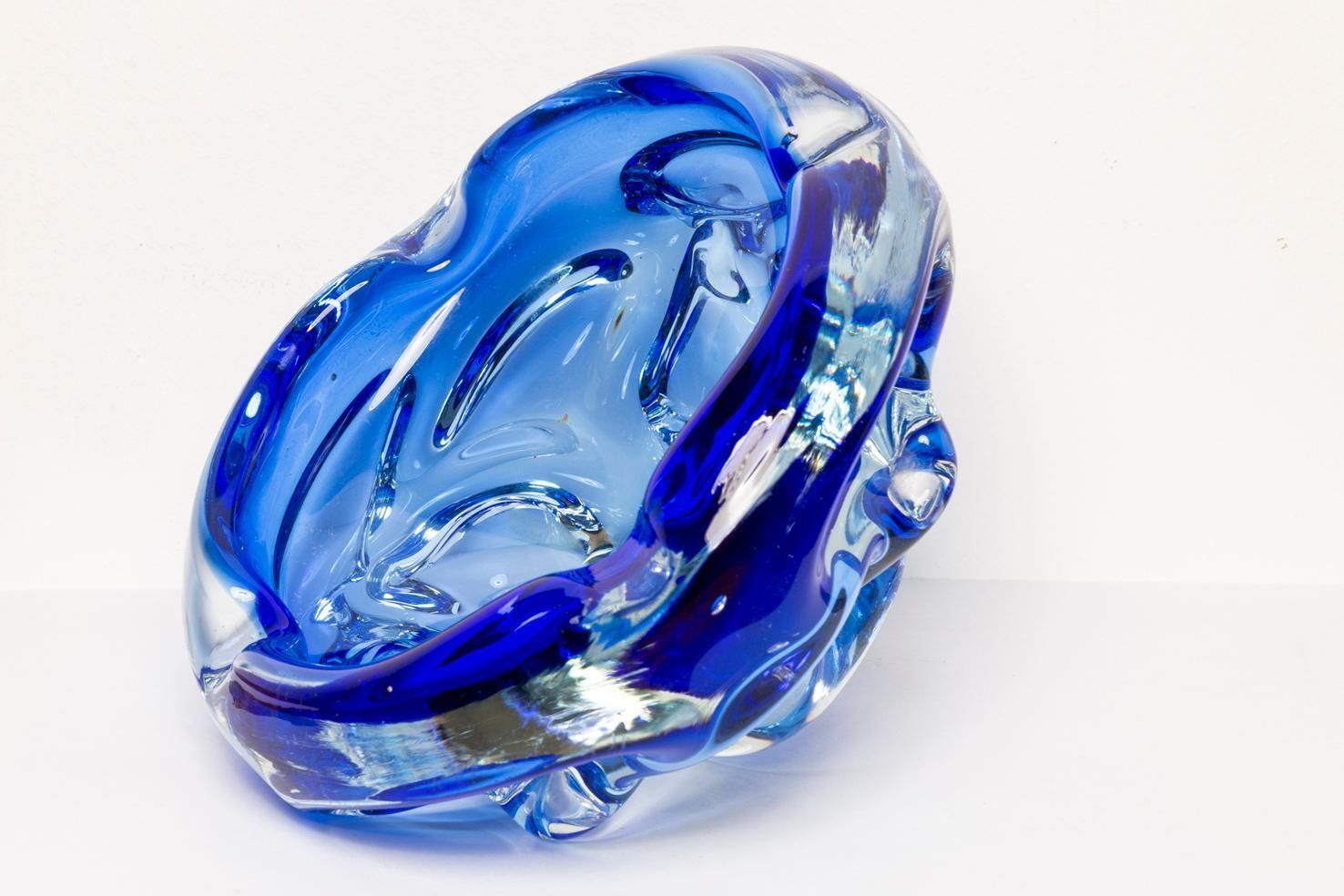 Mid Century Blue Artistic Glass Bowl Ashtray, Italy, 1970s photo vintage