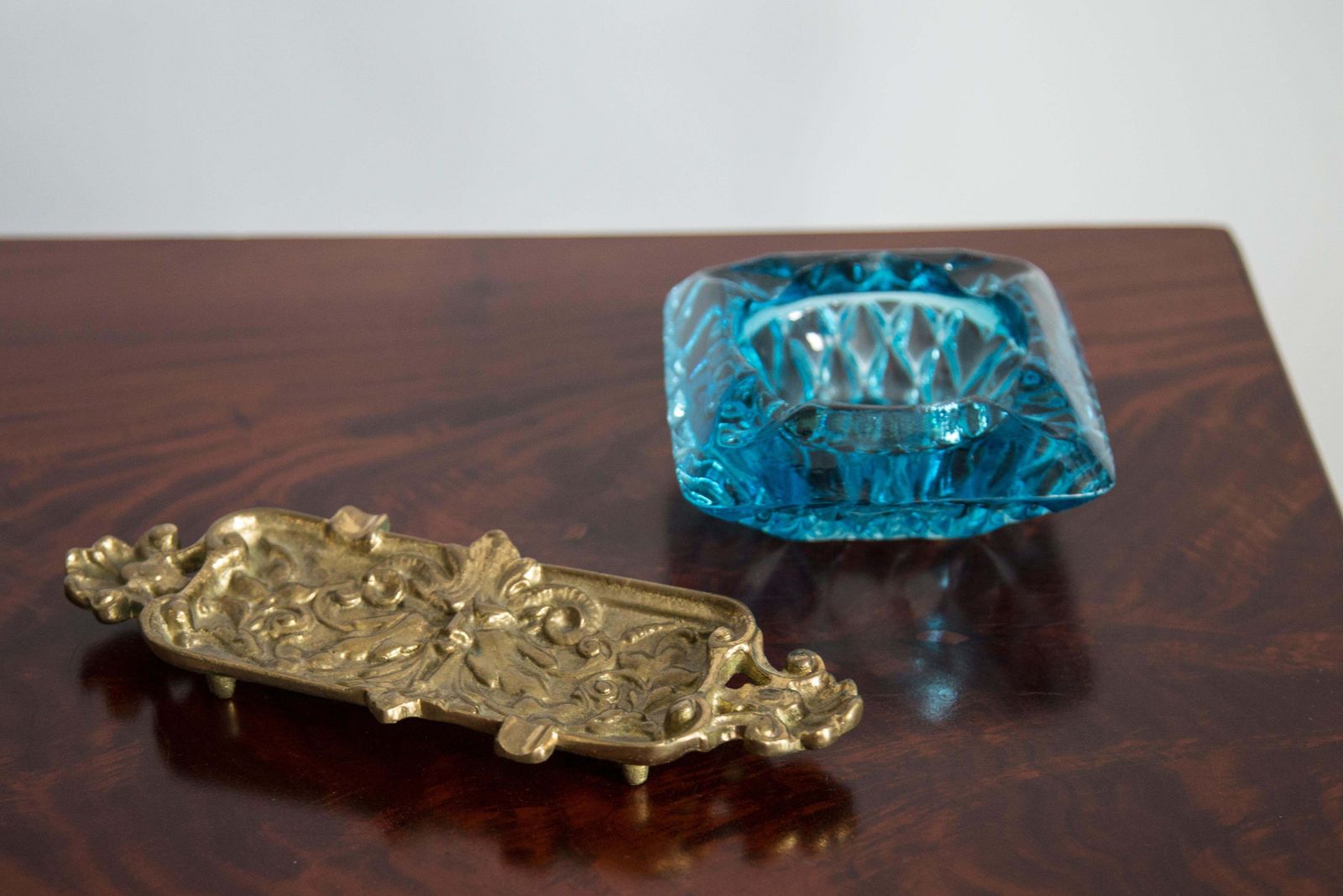 Mid Century Brass Metal Small Plate Bowl Ashtray, Gold Flowers, Italy, 1970s photo Home Decor