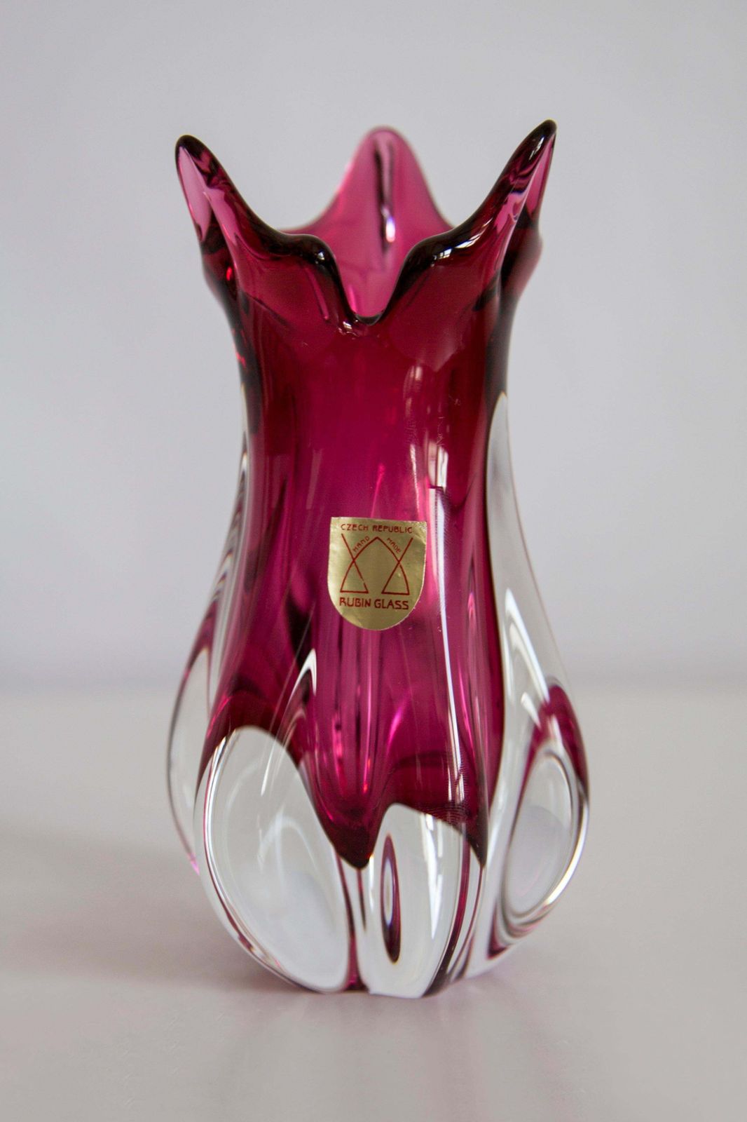 Mid Century Crystal Pink Glass Artistic Vase, Rubin Glass, Czech Republic, 1970s photo Home Decor