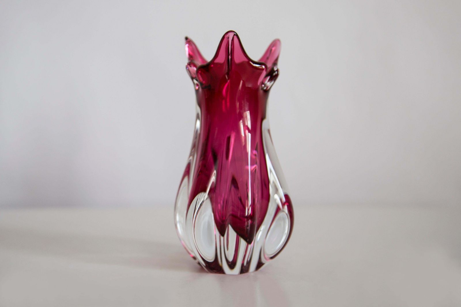 Mid Century Crystal Pink Glass Artistic Vase, Rubin Glass, Czech Republic, 1970s photo vinterior