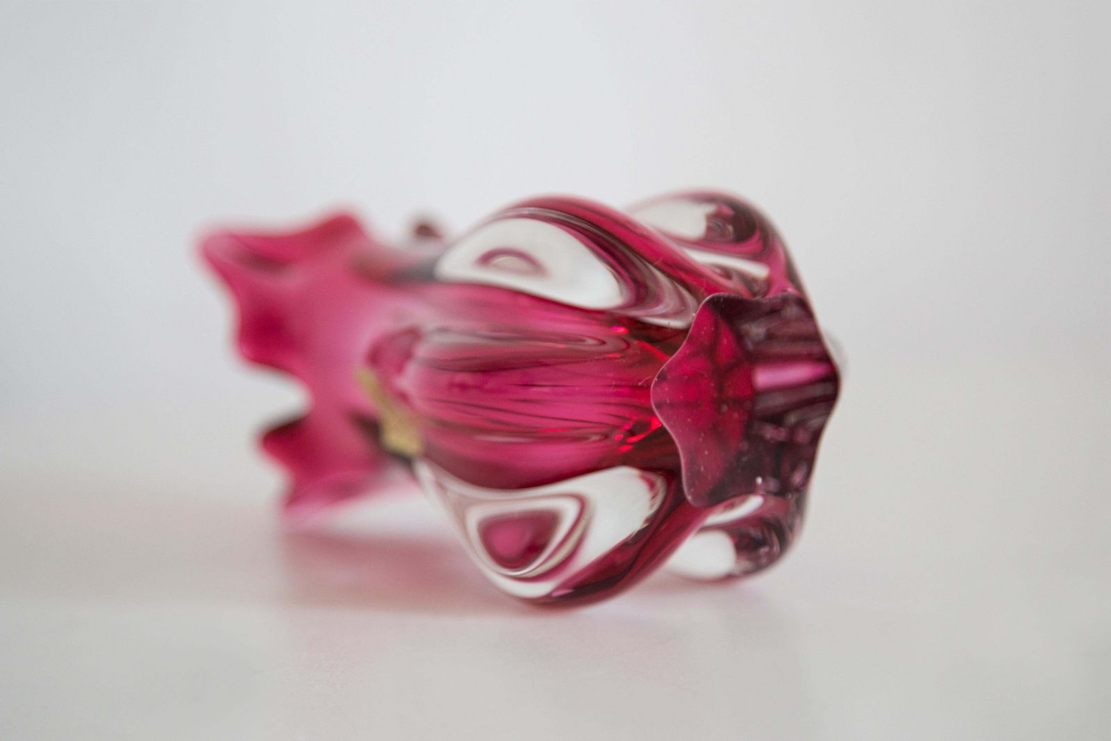 photo for sale Mid Century Crystal Pink Glass Artistic Vase, Rubin Glass, Czech Republic, 1970s