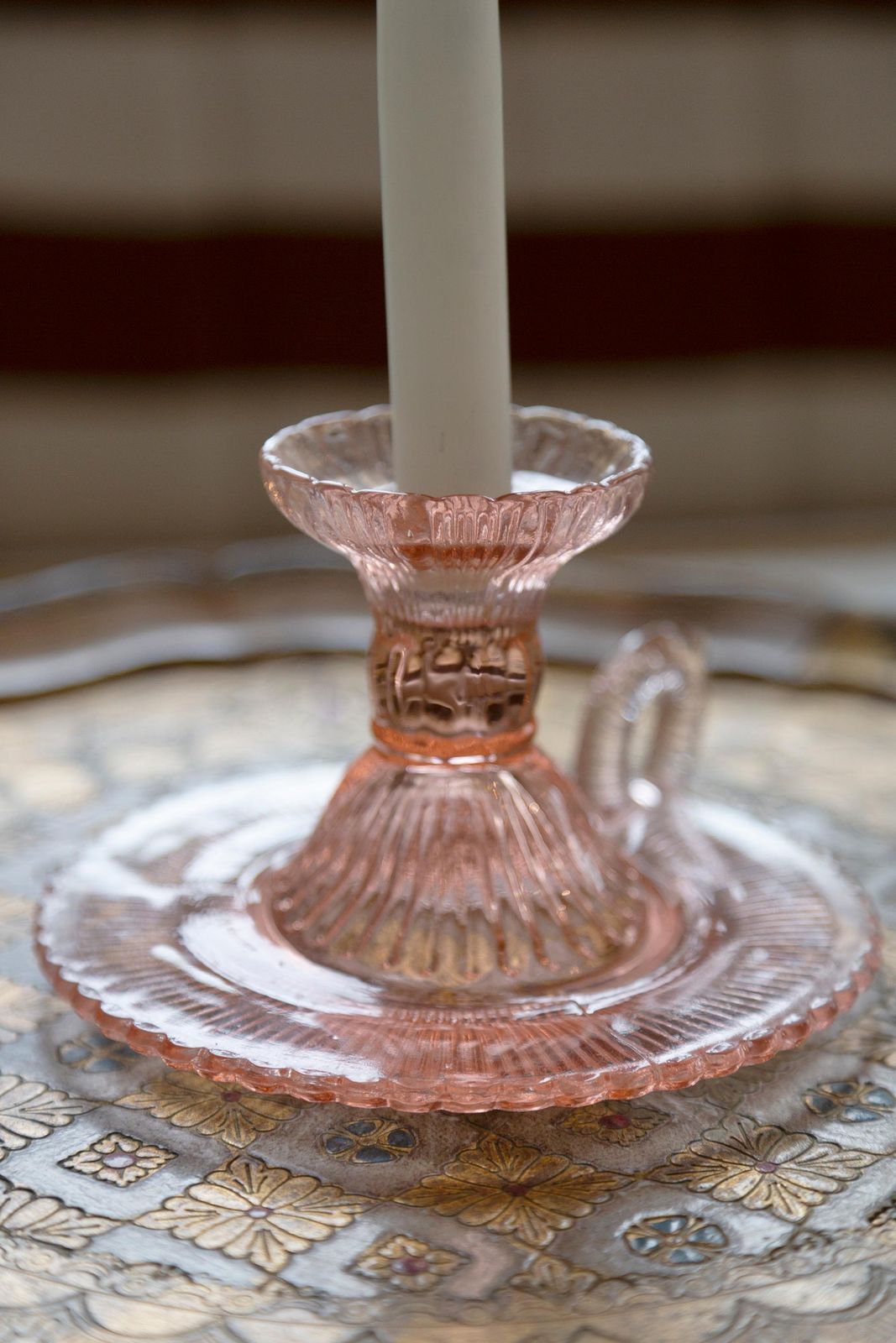 Mid Century Light Rose Glass Candlestick, Europe, 1960s photo Home Decor