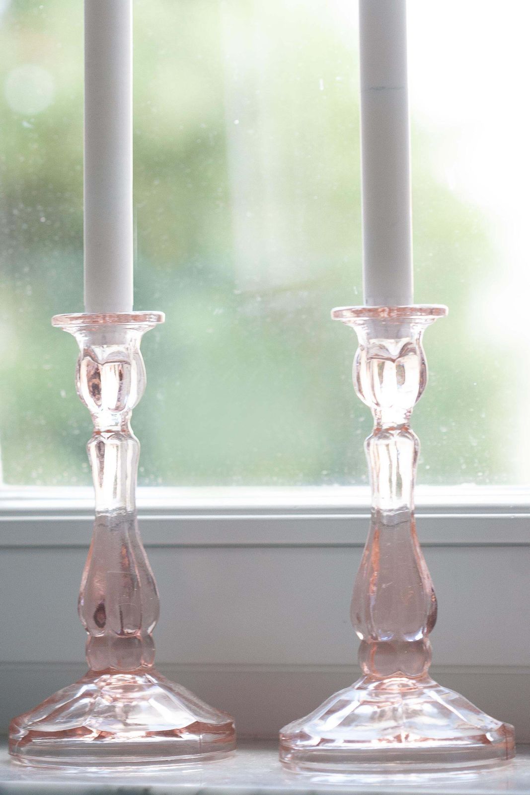 Set Of Two Mid Century Light Rose Pink Glass Candlesticks, Europe, 1960s photo for sale