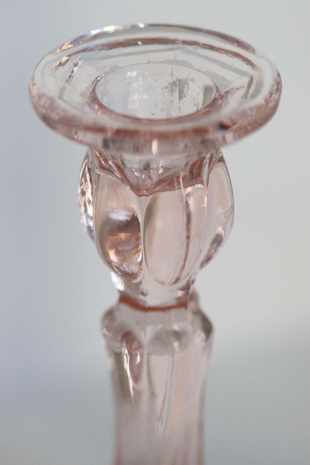photo for sale Set Of Two Mid Century Light Rose Pink Glass Candlesticks, Europe, 1960s