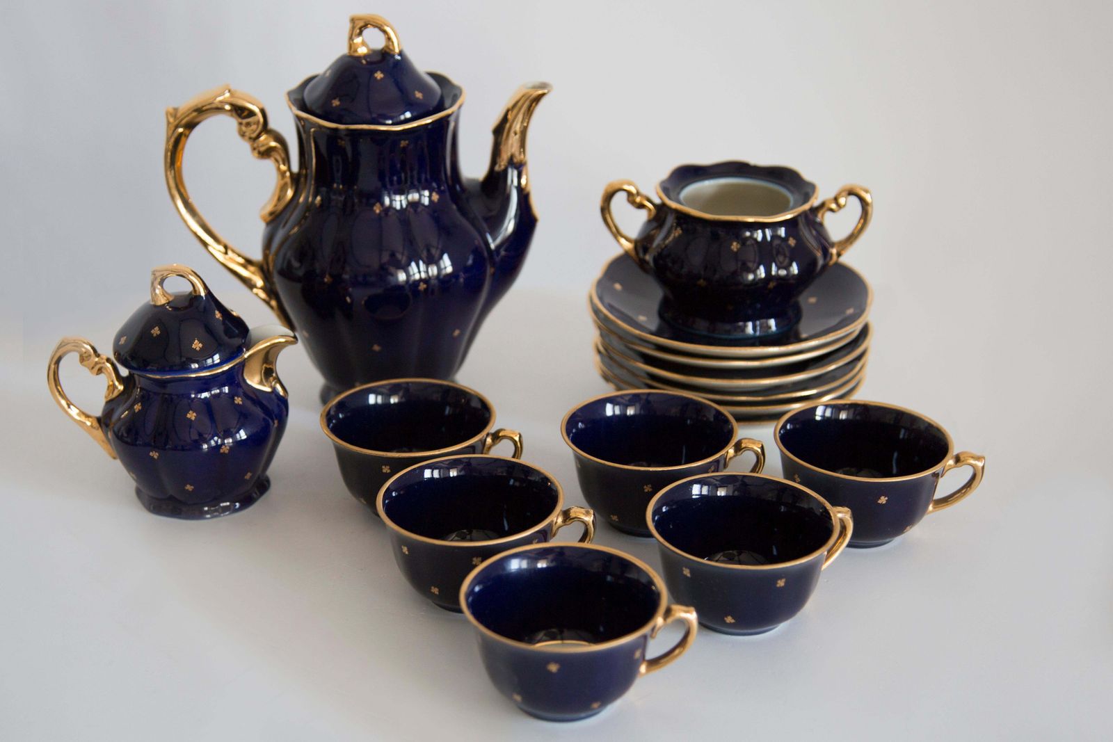 Midcentury Porcelain Navy Blue Tea Coffee Service Jug And Cups, Poland, 1960 photo furniture