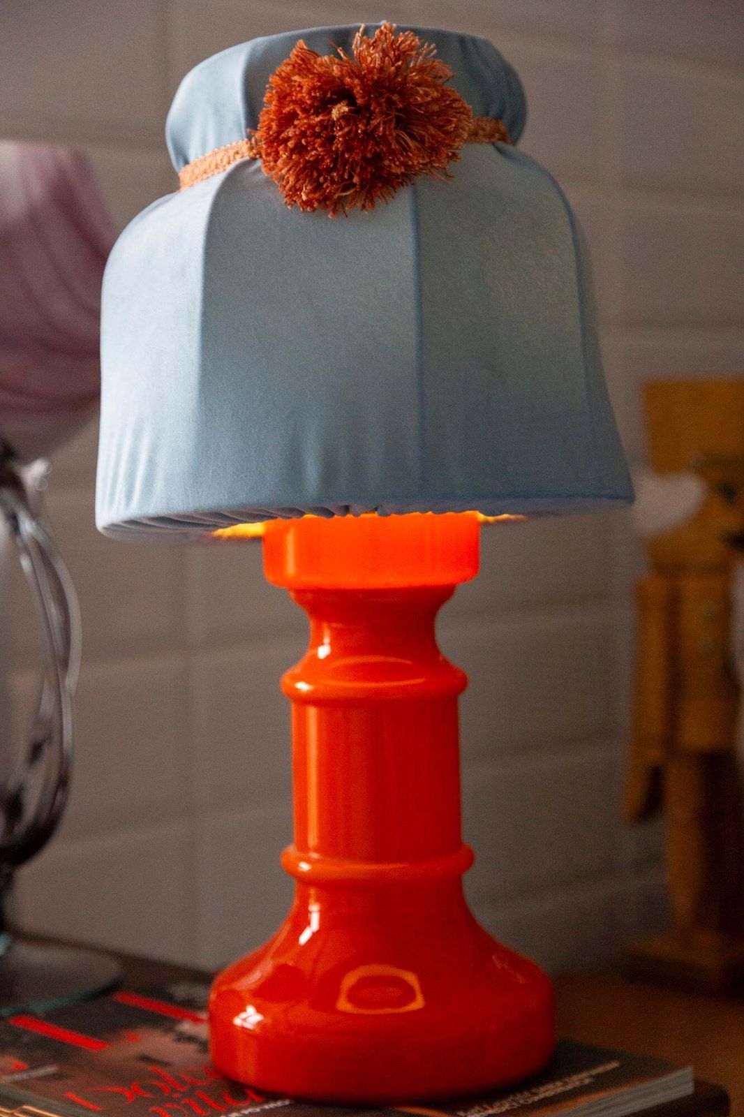 photo vintage Mid Century Orange And Blue Ceramic And Velvet Table Lamp, Europe, 1960s