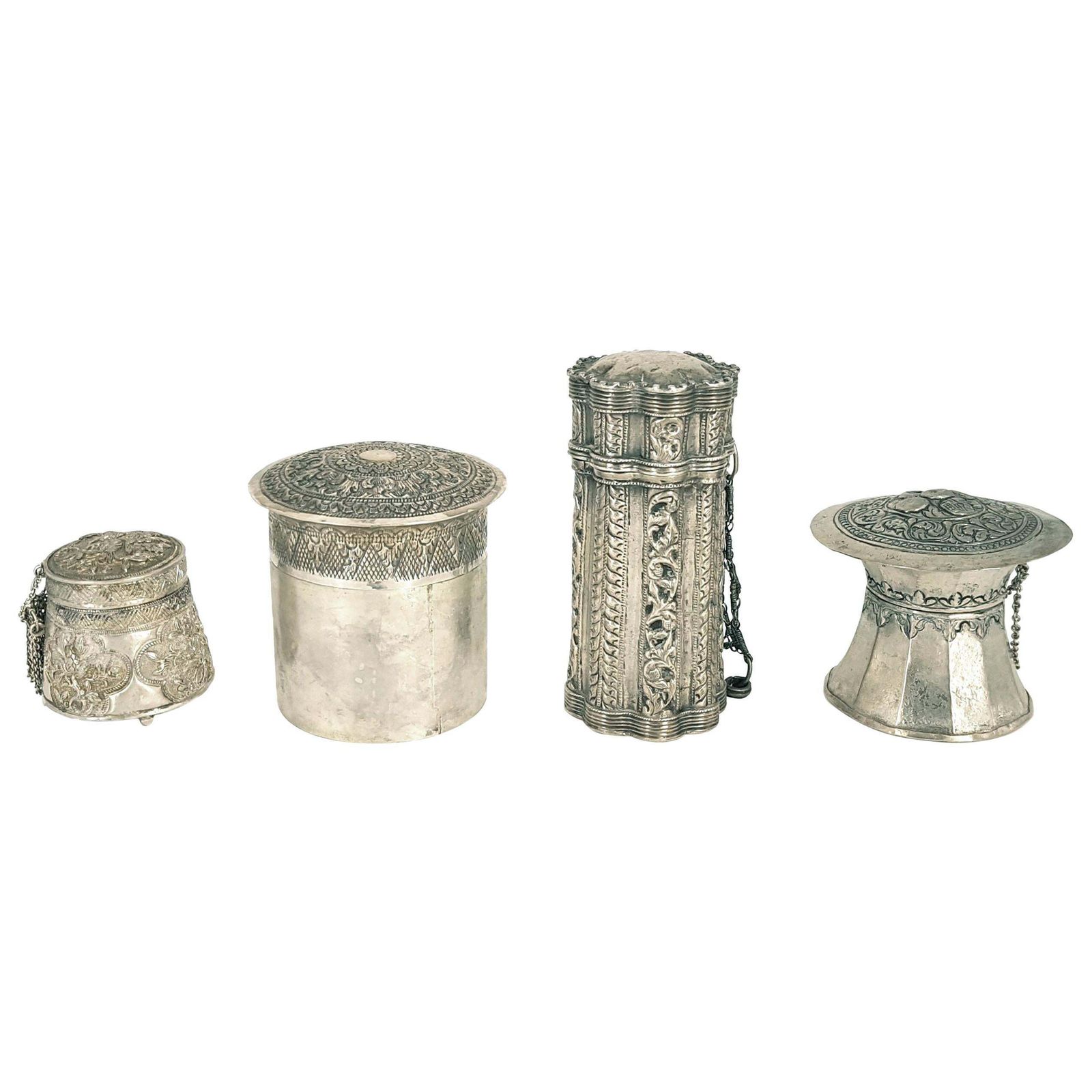 Four Vessels With Indonesian Lids In Repoussé Silver
