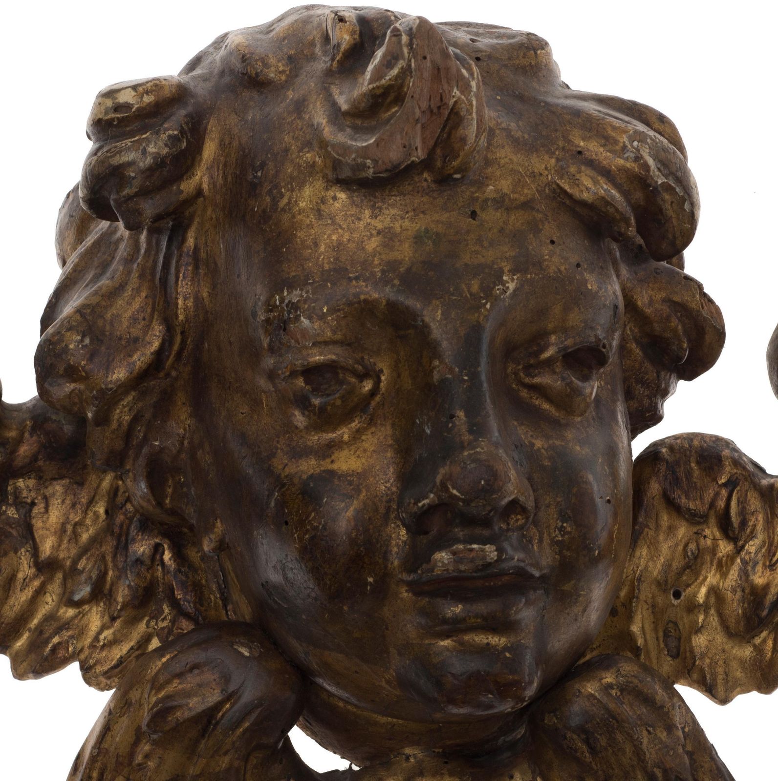 Pair Of Ancient Wooden Gilded Angel Heads, 18th Century photo vintage