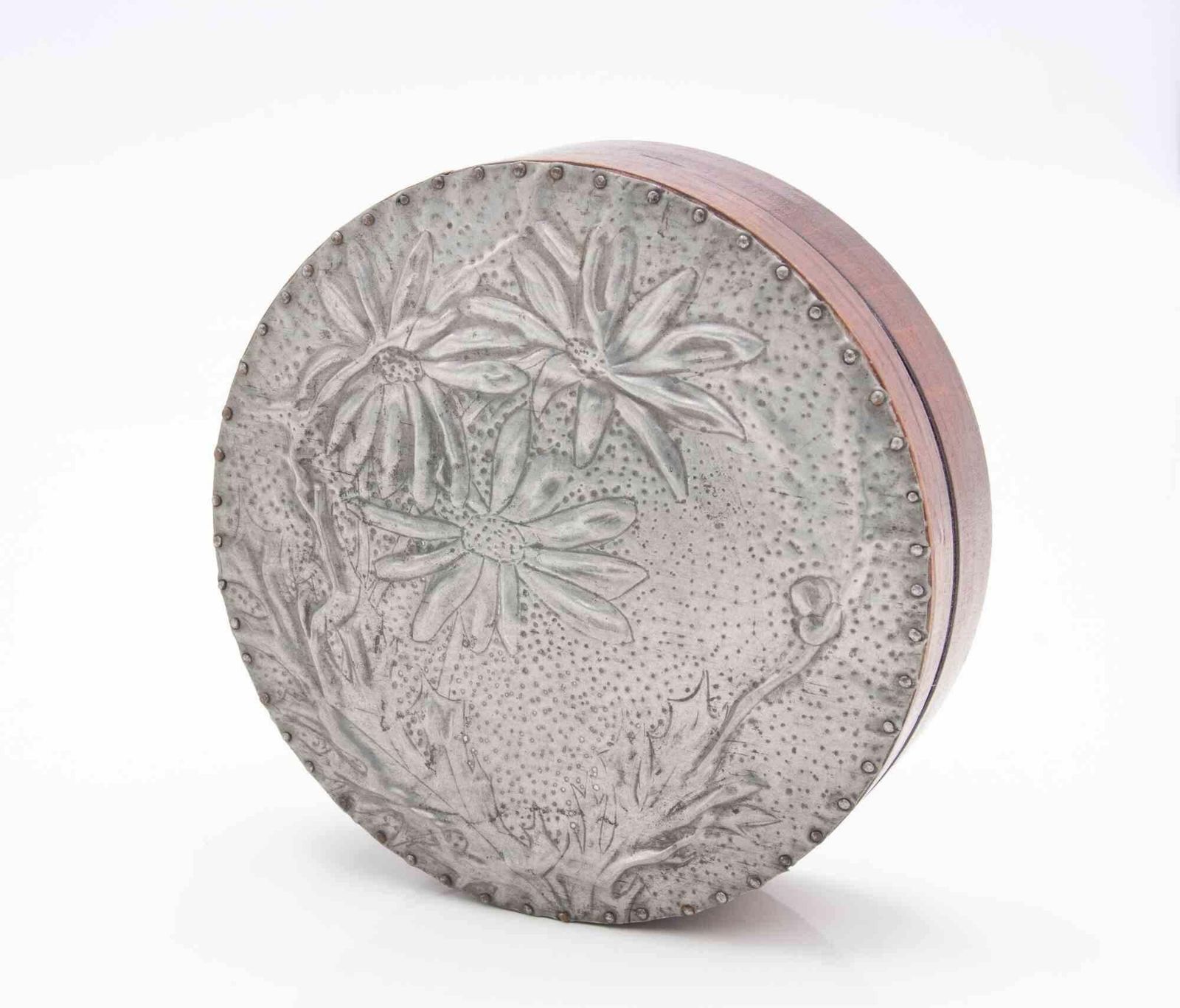Vintage Pewter And Wooden Round Box, Italy, Early 20th Century photo Home Decor