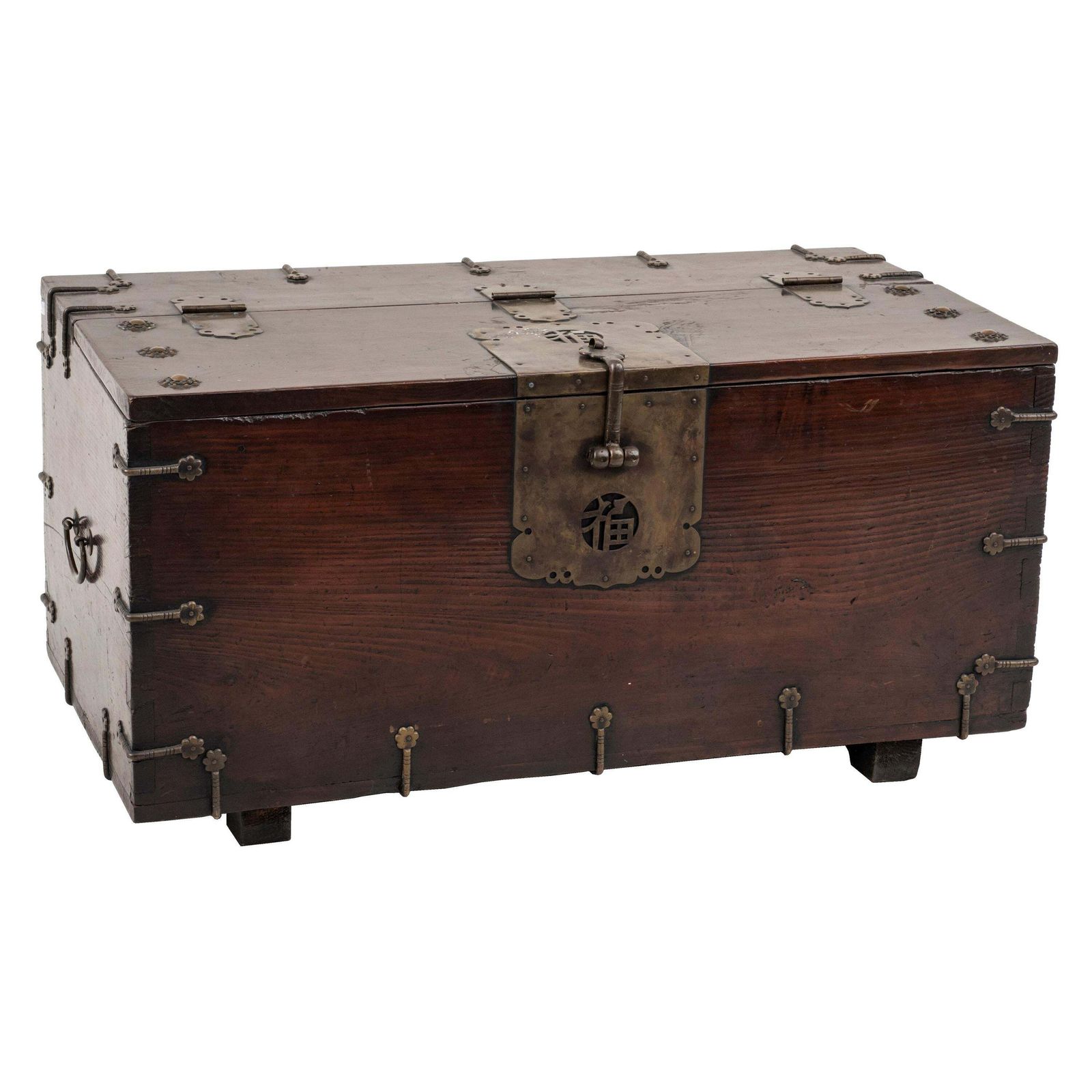 Old Chinese Chest In Wood With Decorations And Bronze Lock, 20th Century