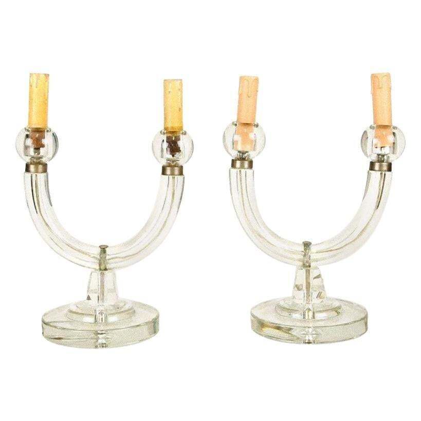 Vintage Glass Candleholder Lamps By Italian Manufacture, 1950s