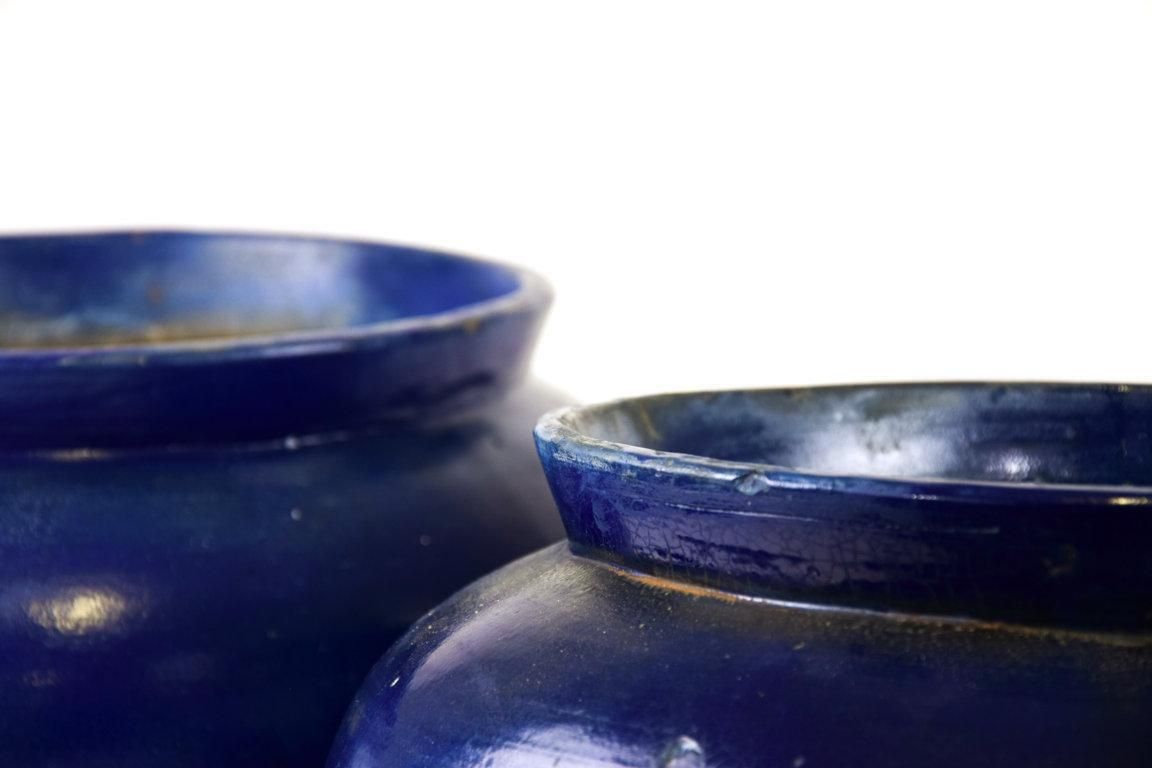 Pair Of Ancient Blue Terracotta Vases, By Oriental Manufacture, 19th Century photo furniture
