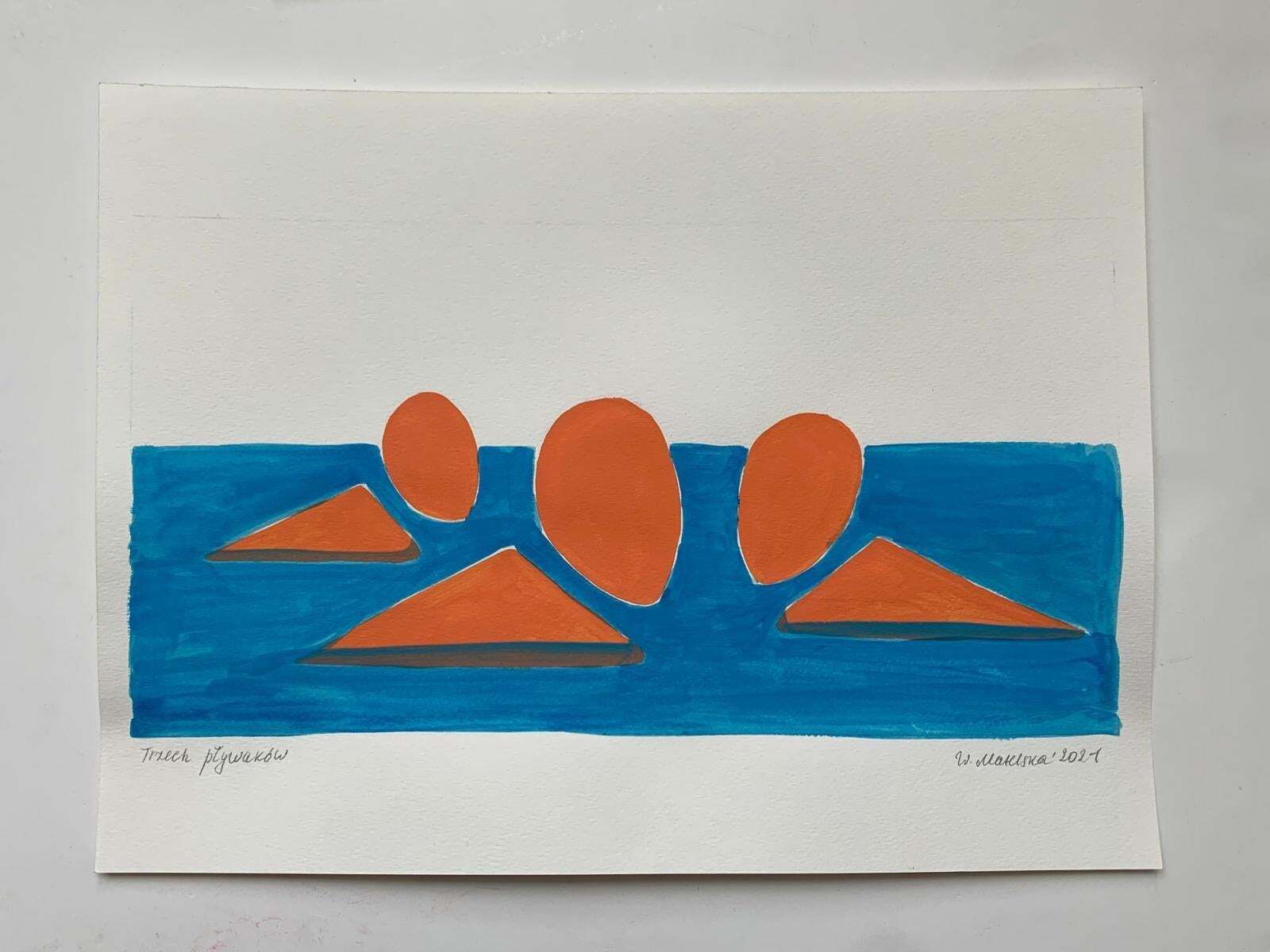 Waleria Matelskathree Swimmers   Figurative Painting On Paper, Young Art Minimalism, Vibrant 2021 photo furniture