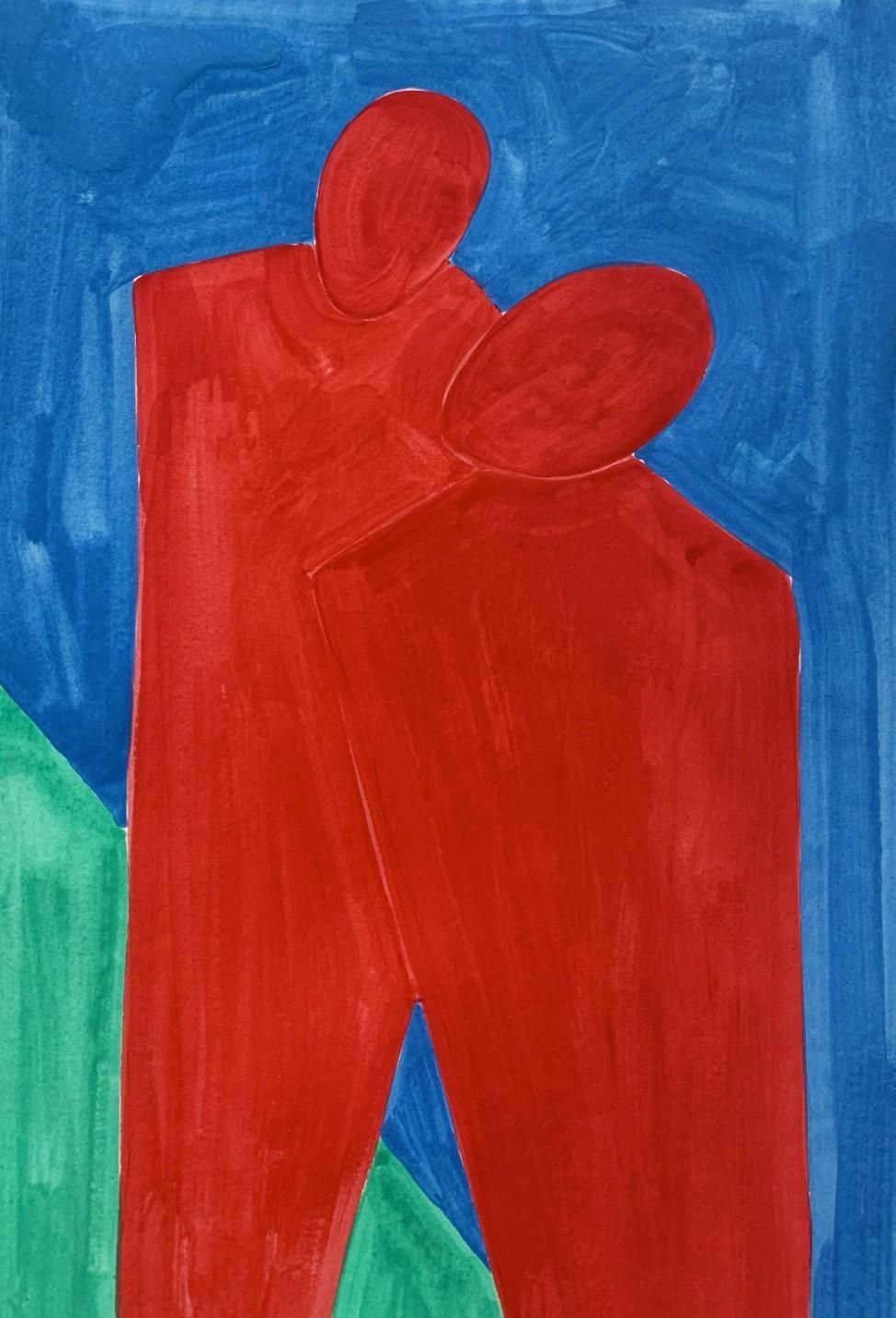 Waleria Matelskared Strangers   Figurative Painting On Paper, Young Art, Colorful, Vibrant2023 photo furniture